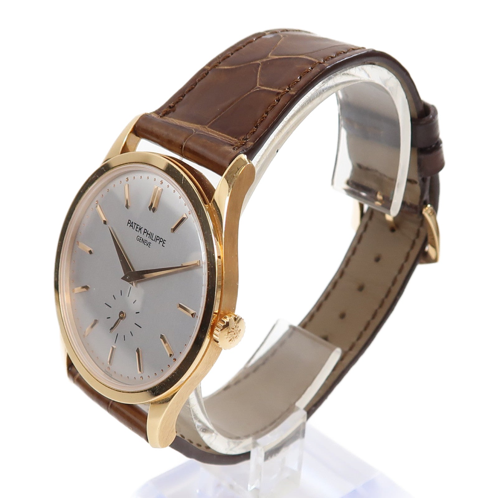 PATEK PHILIPPE Calatrava 18K玫瑰金/鱷魚皮革帶手錶手動上鏈灰色