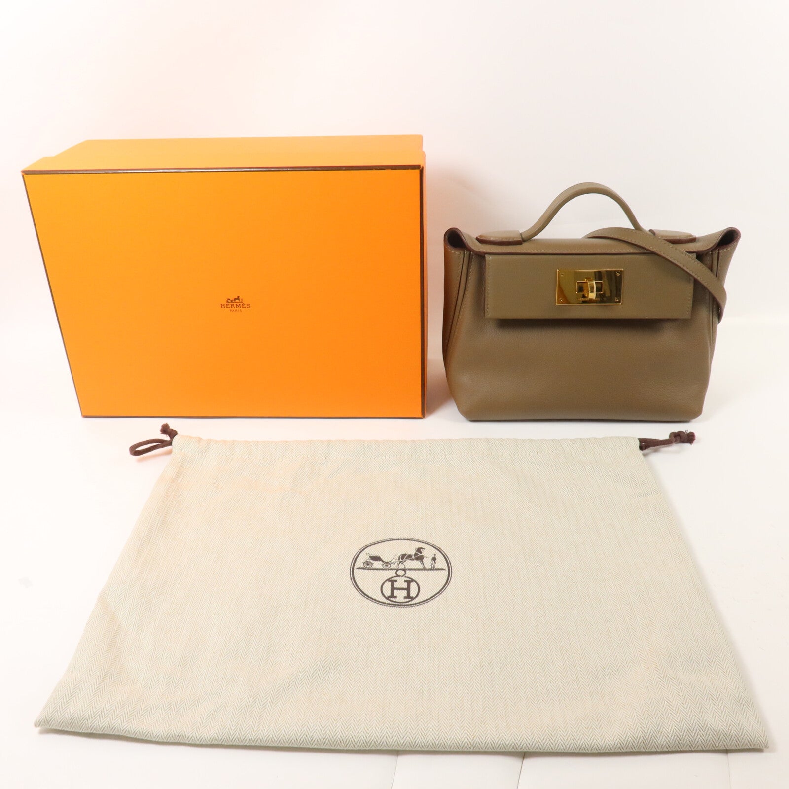 HERMES Evercolor皮革/Swift皮革24/24 Mini手挽肩背兩用袋Etoupe