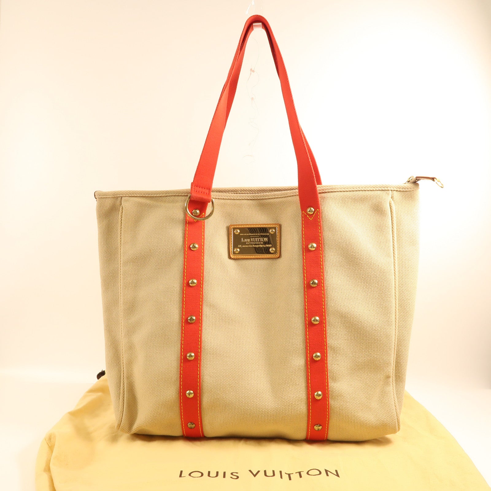 LOUIS VUITTON 帆布Antigua Cabas GM金扣手挽袋米色/紅色
