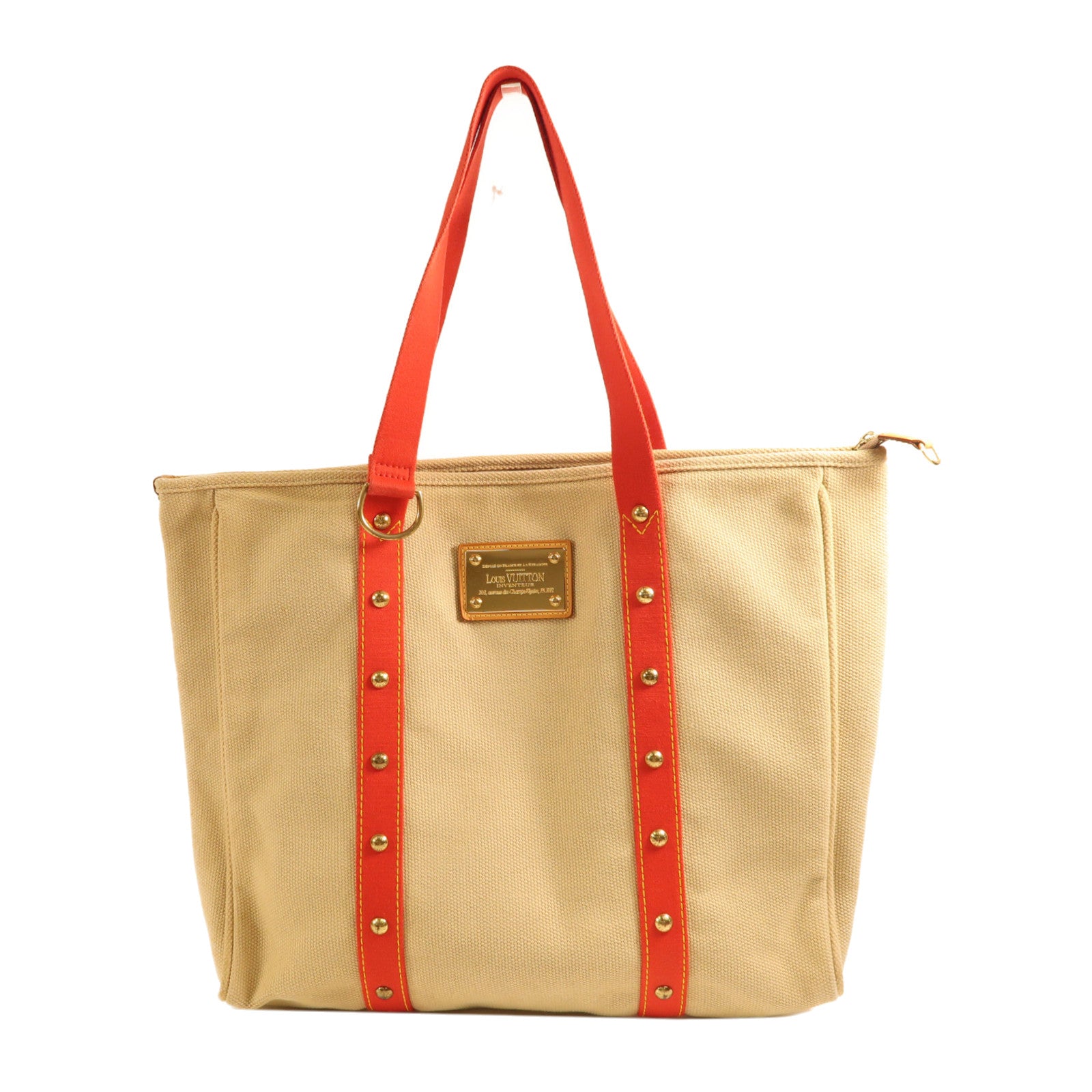 LOUIS VUITTON 帆布Antigua Cabas GM金扣手挽袋米色/紅色