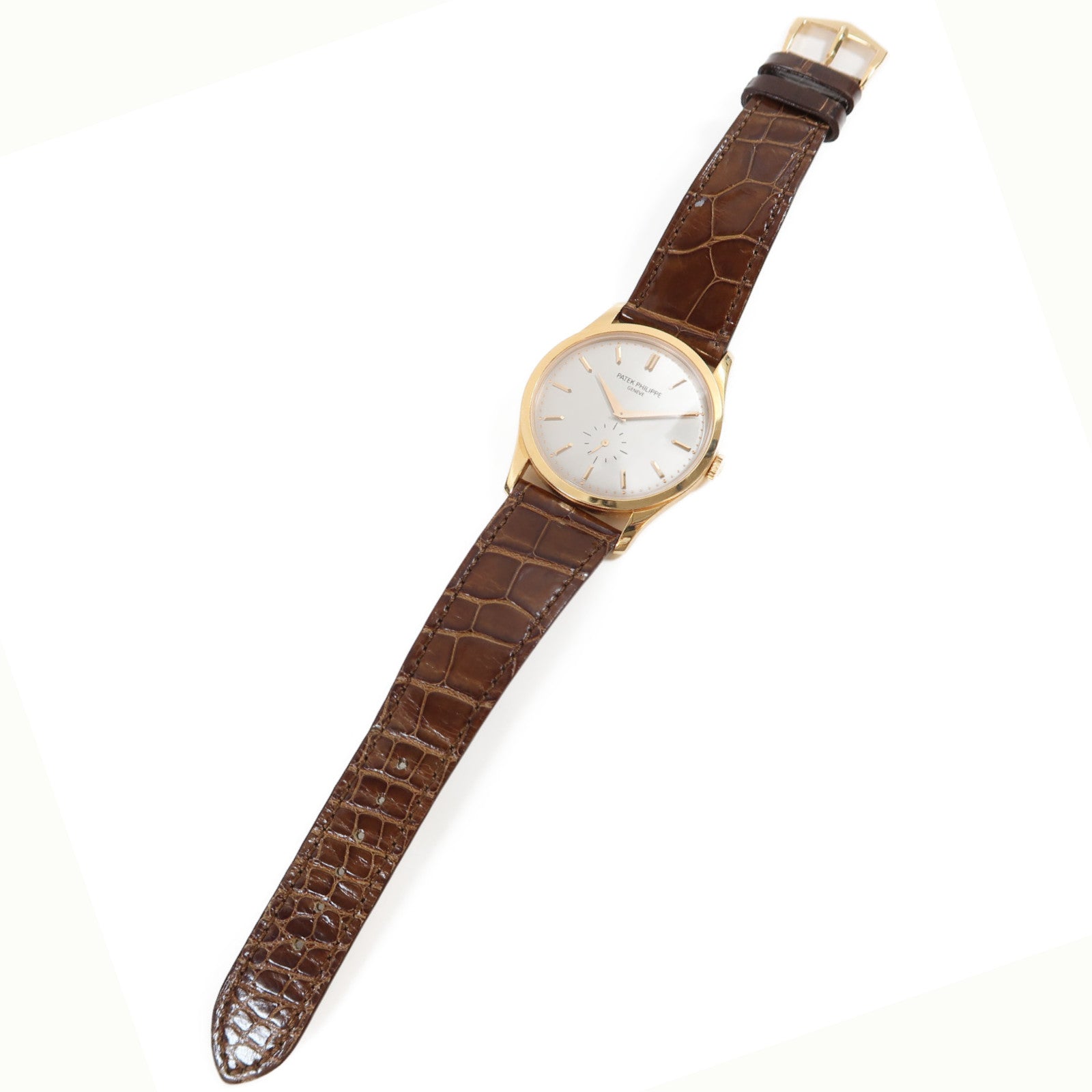 PATEK PHILIPPE Calatrava 18K玫瑰金/鱷魚皮革帶手錶手動上鏈灰色