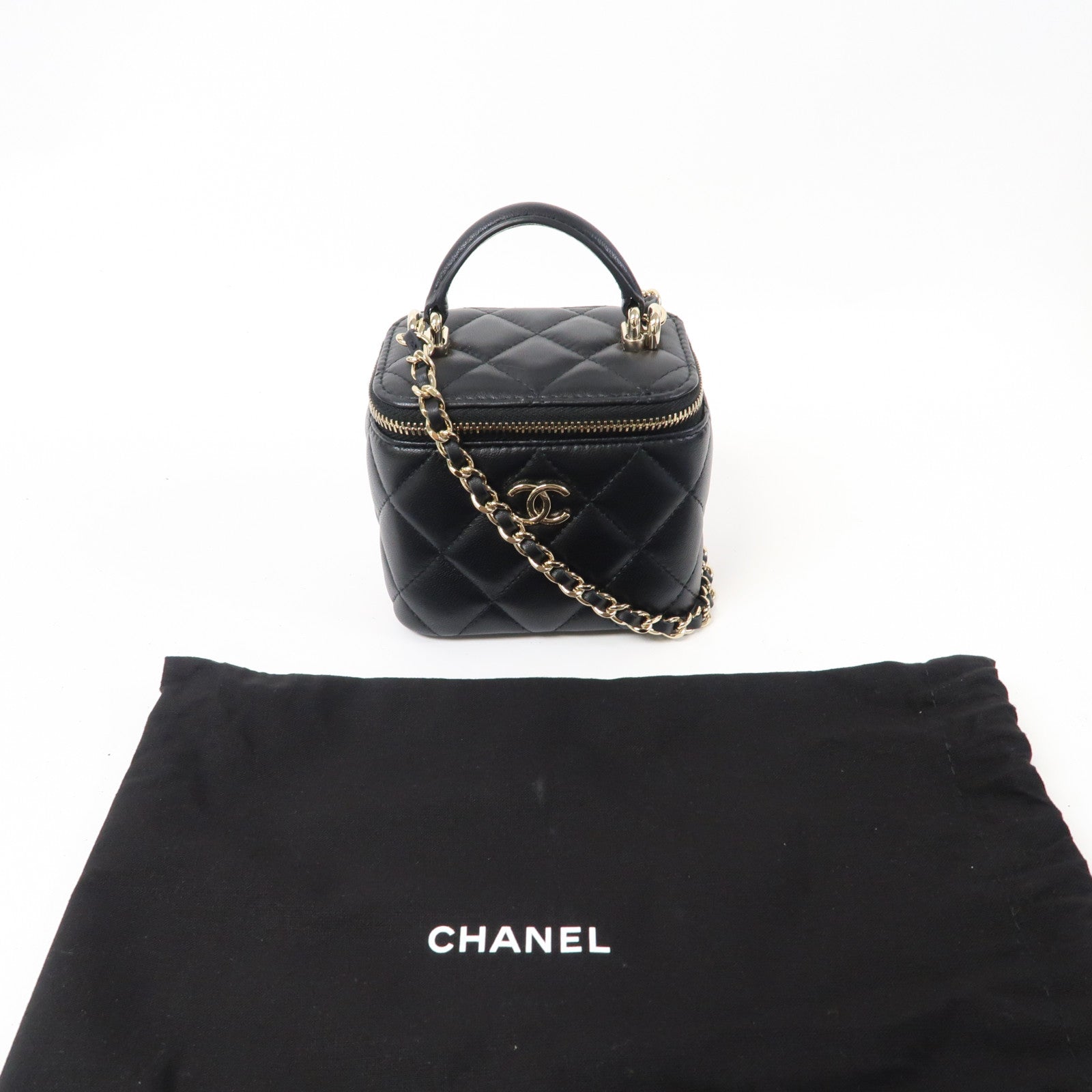 CHANEL 菱格羊皮皮革Vanity Case銀扣鏈帶肩背袋黑色