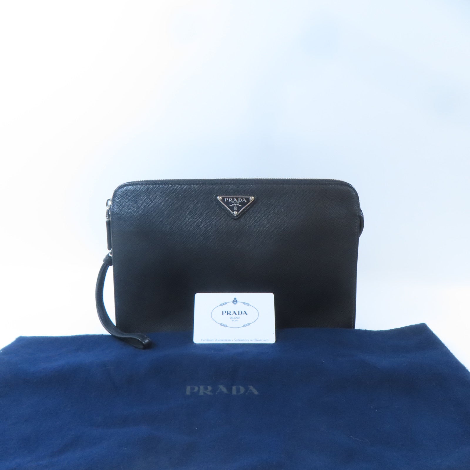PRADA 牛皮皮革Travel Clutch銀扣手拿包黑色