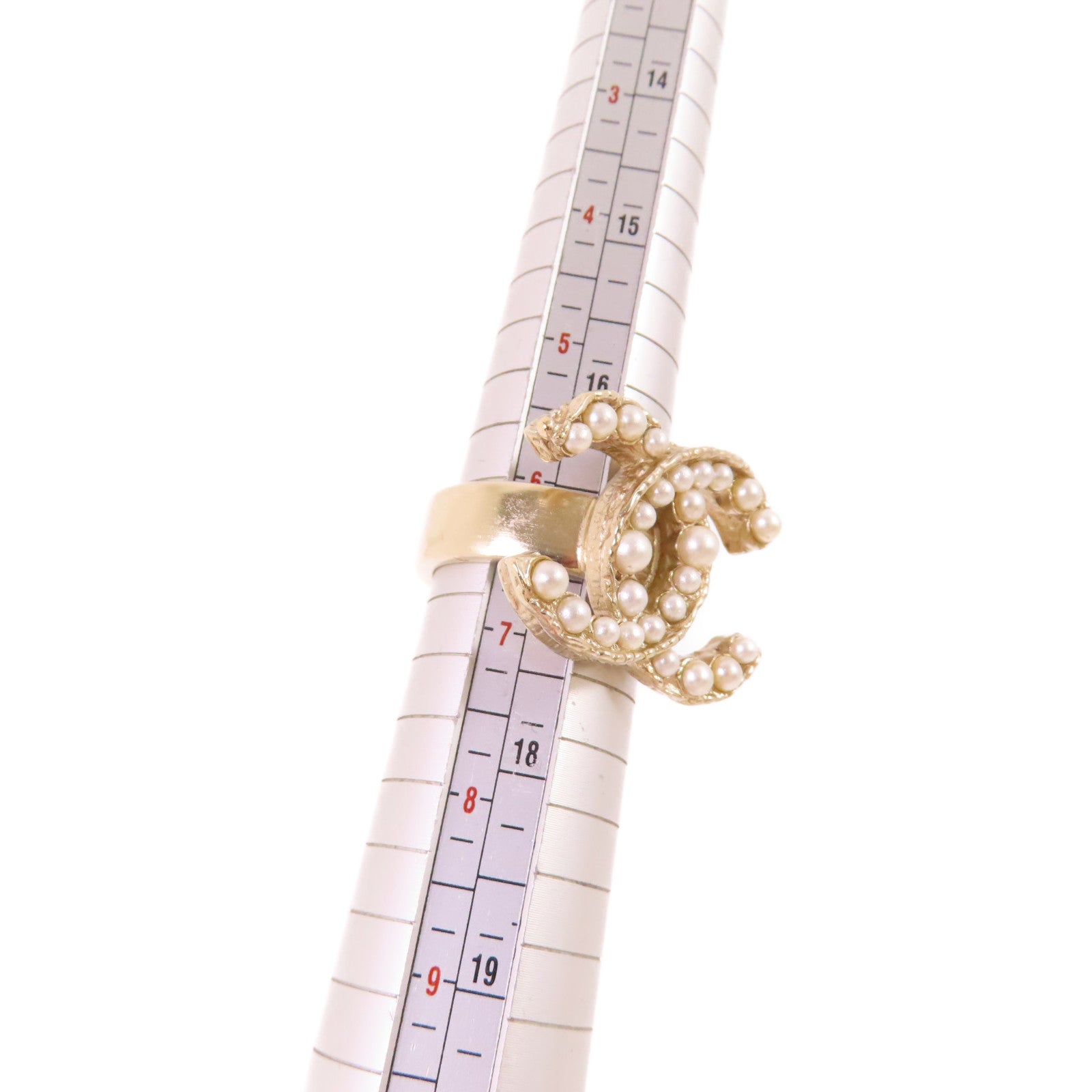 CHANEL 金屬/仿珍珠CC Ring戒指#6.25