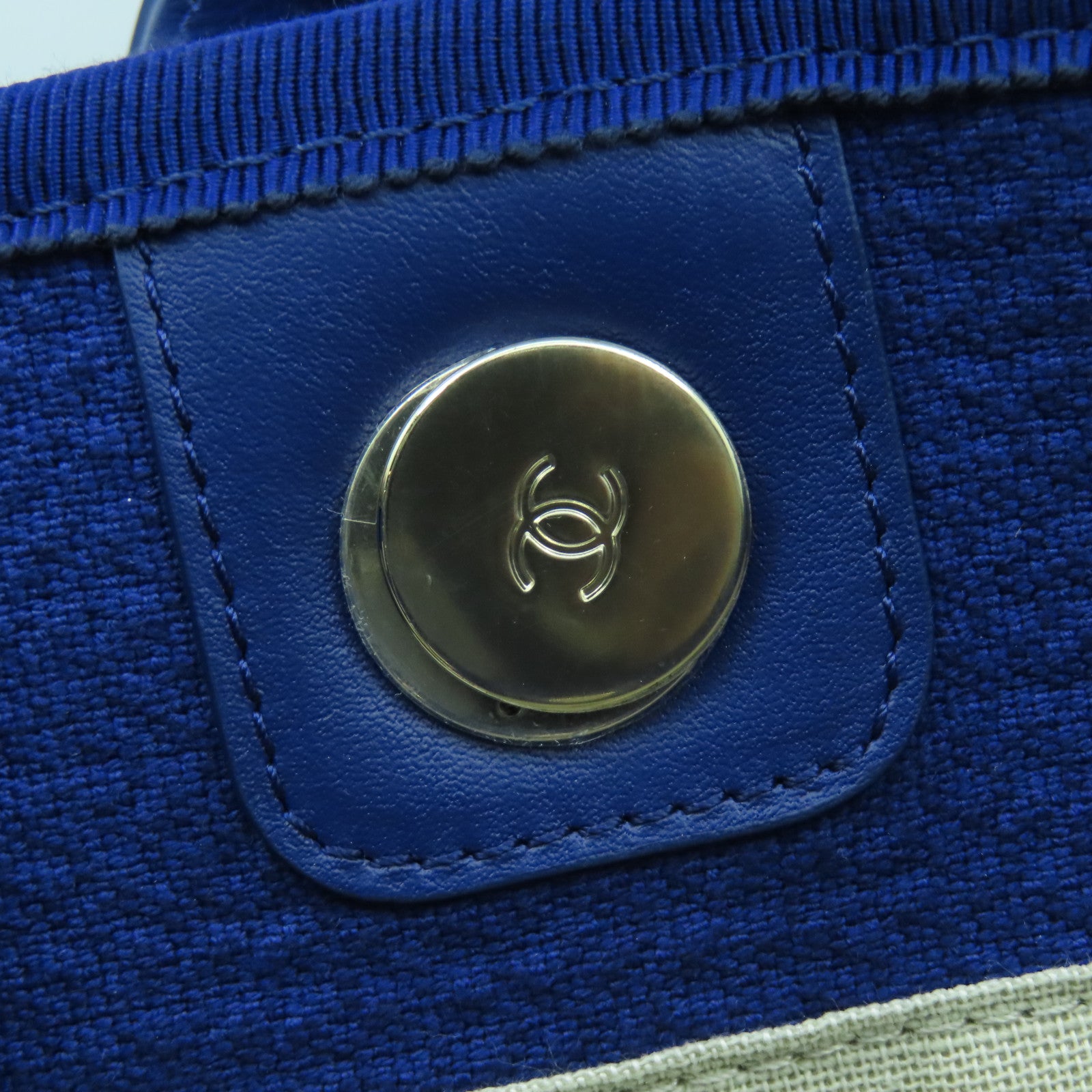 CHANEL 帆布Deauville銀扣手挽肩背兩用袋藍色