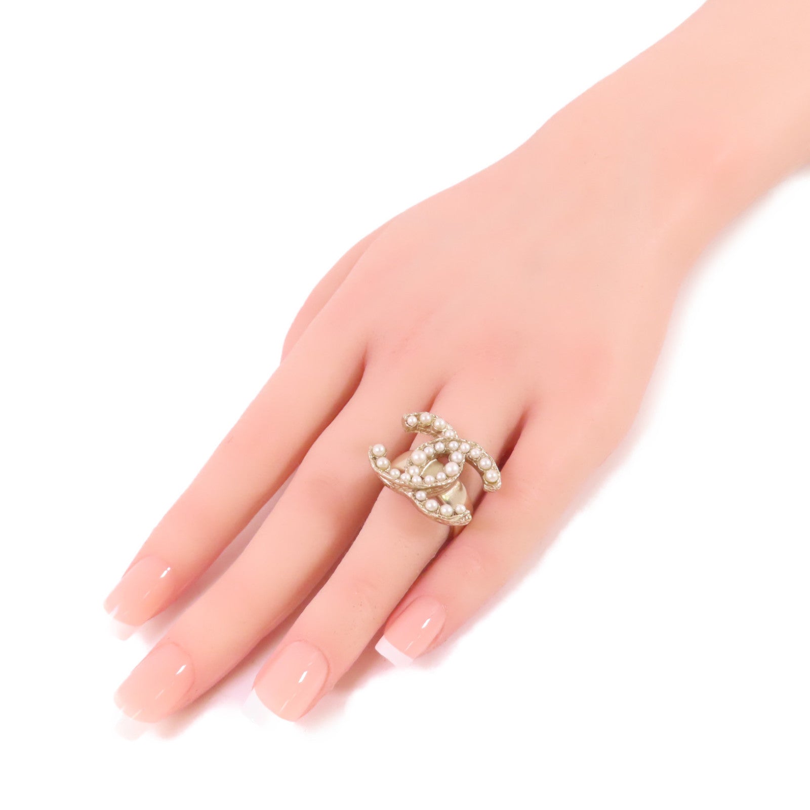 CHANEL 金屬/仿珍珠CC Ring戒指#6.25