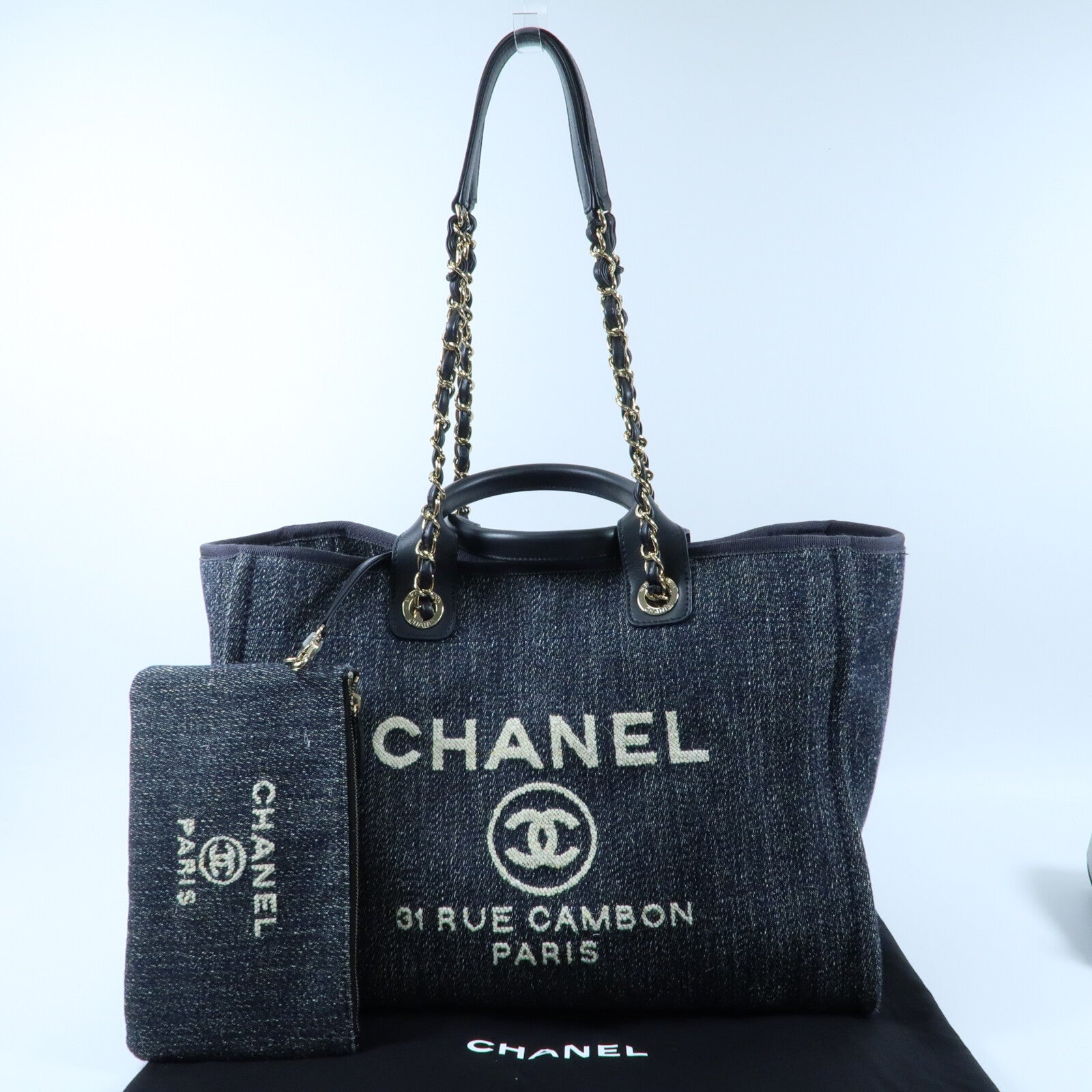 CHANEL 帆布Deauville Tote銀扣鏈帶手挽肩背兩用袋