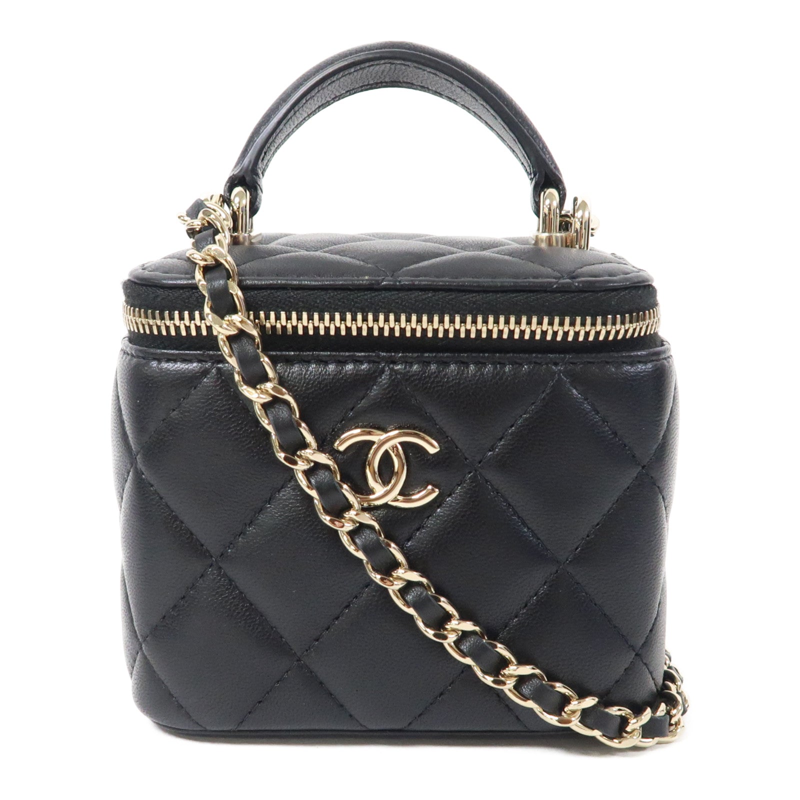 CHANEL 菱格羊皮皮革Vanity Case銀扣鏈帶肩背袋黑色