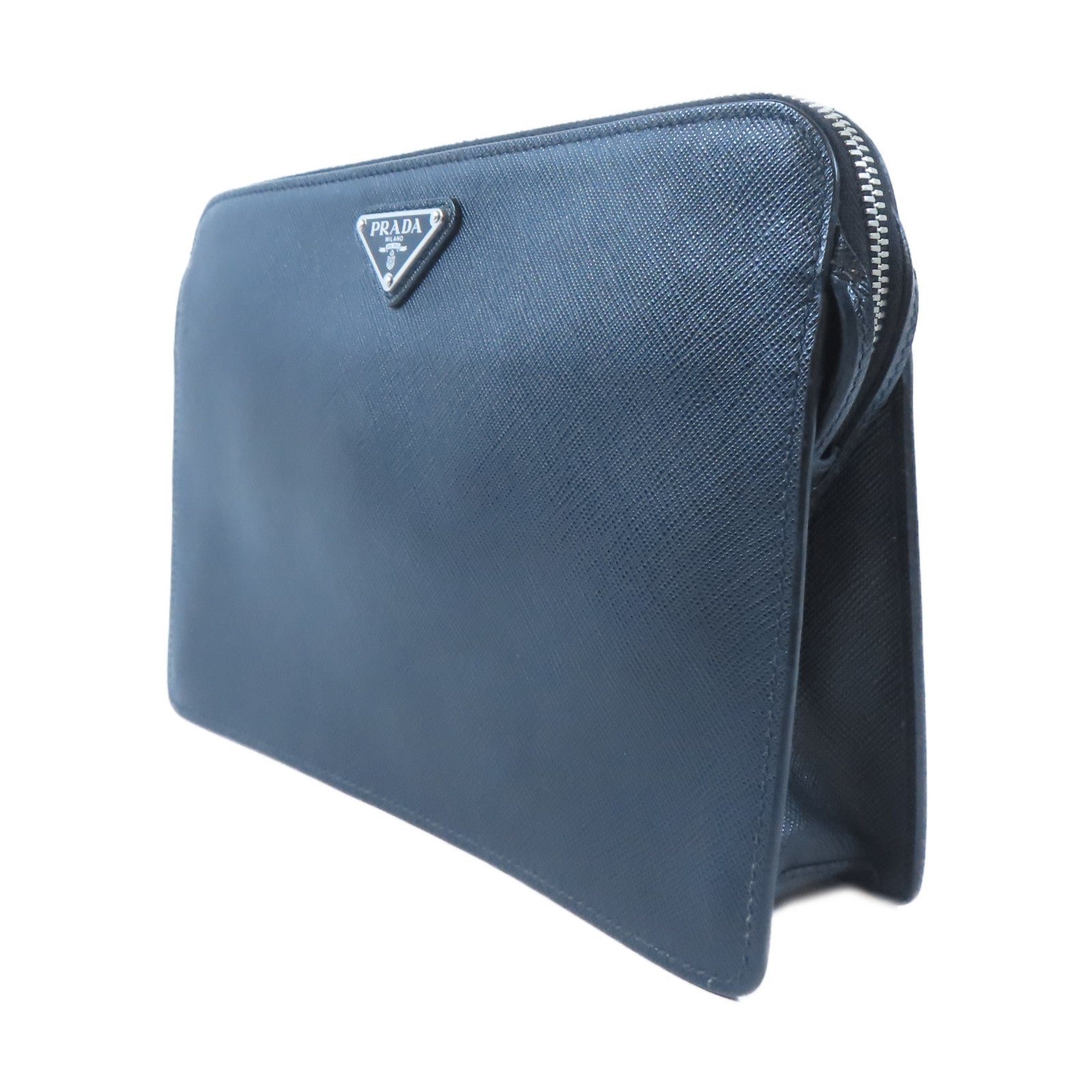 PRADA 牛皮皮革Travel Clutch銀扣手拿包黑色