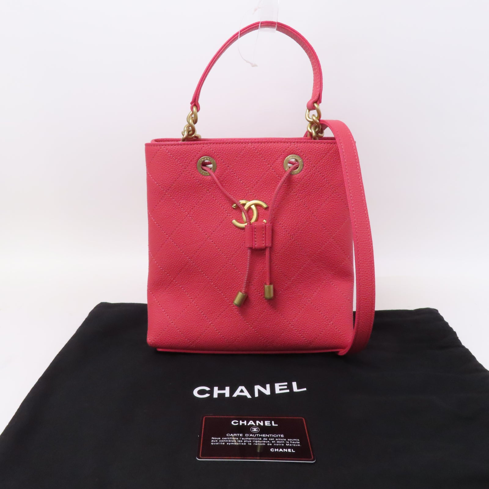 CHANEL 【激減優惠】菱格牛皮皮革Bolsa CC Drawstring金扣手挽肩背兩用袋粉紅色