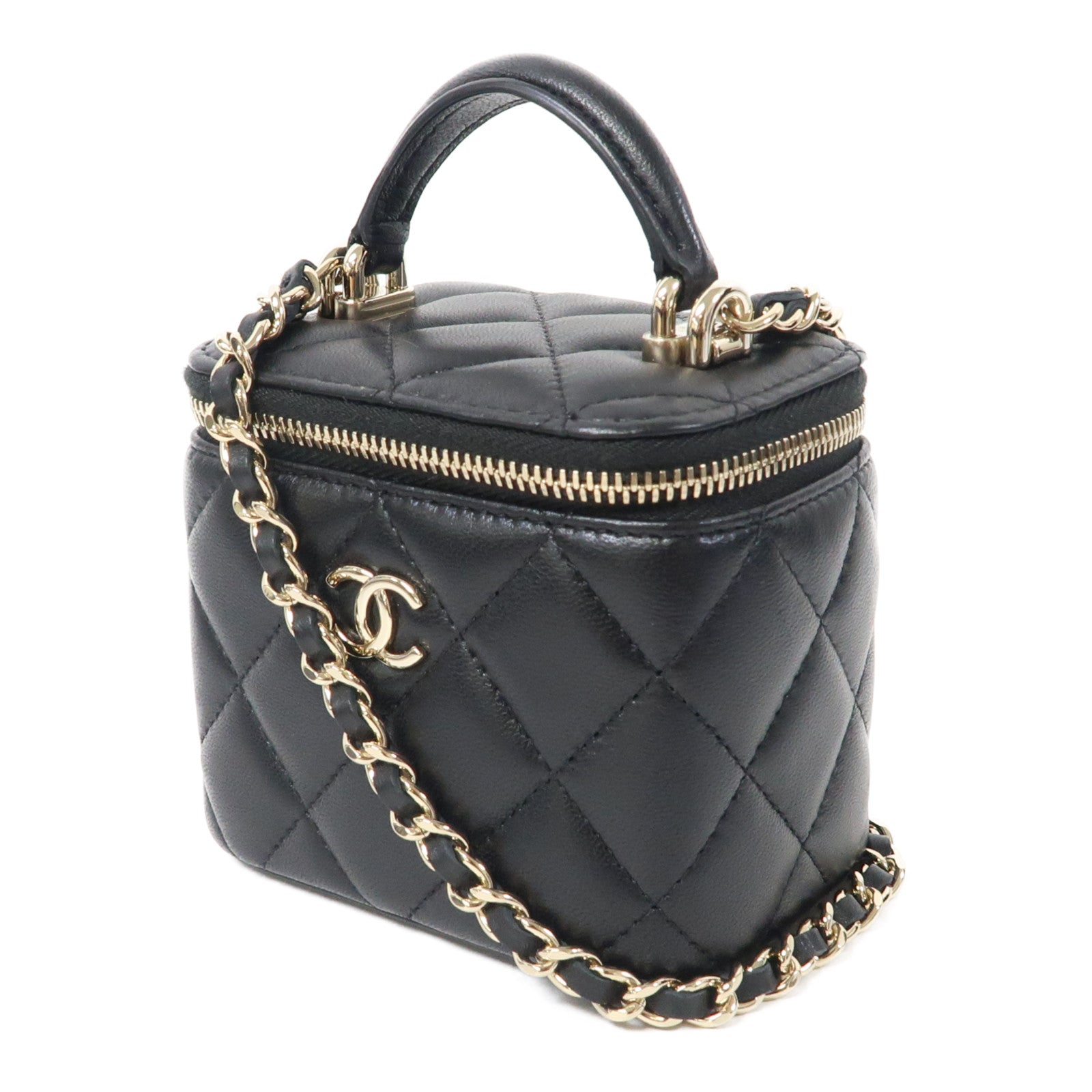 CHANEL 菱格羊皮皮革Vanity Case銀扣鏈帶肩背袋黑色