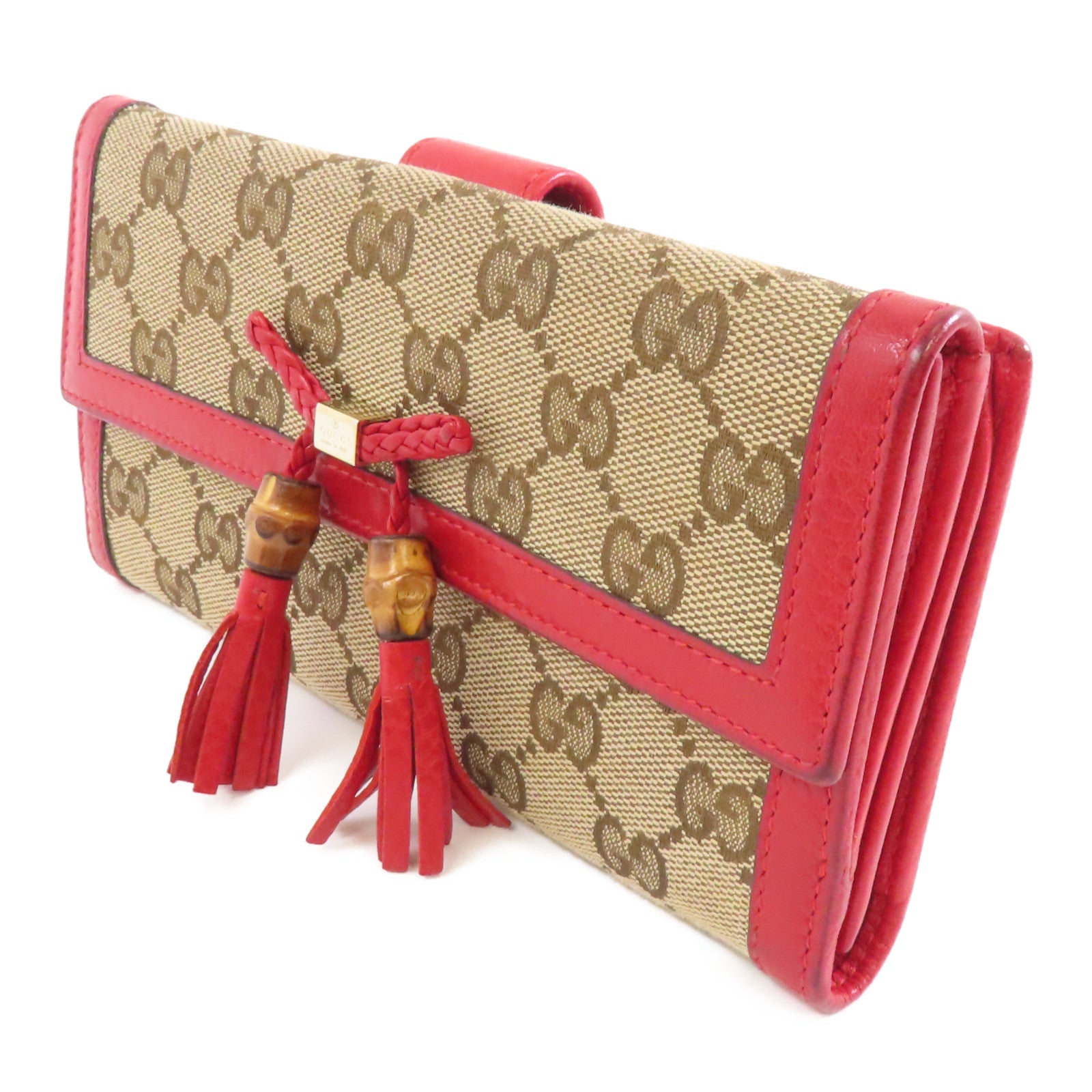 GUCCI 帆布Long Wallet金扣長錢包棕色/紅色
