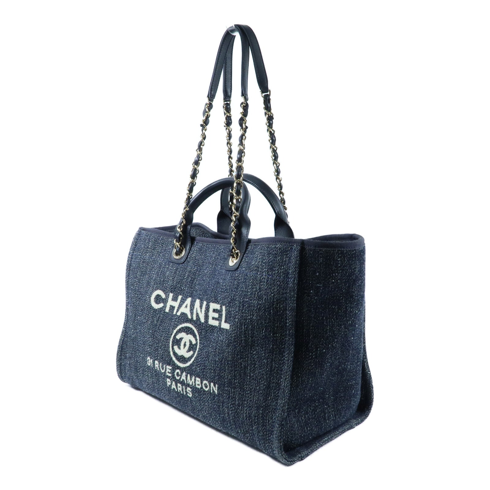 CHANEL 帆布Deauville Tote銀扣鏈帶手挽肩背兩用袋