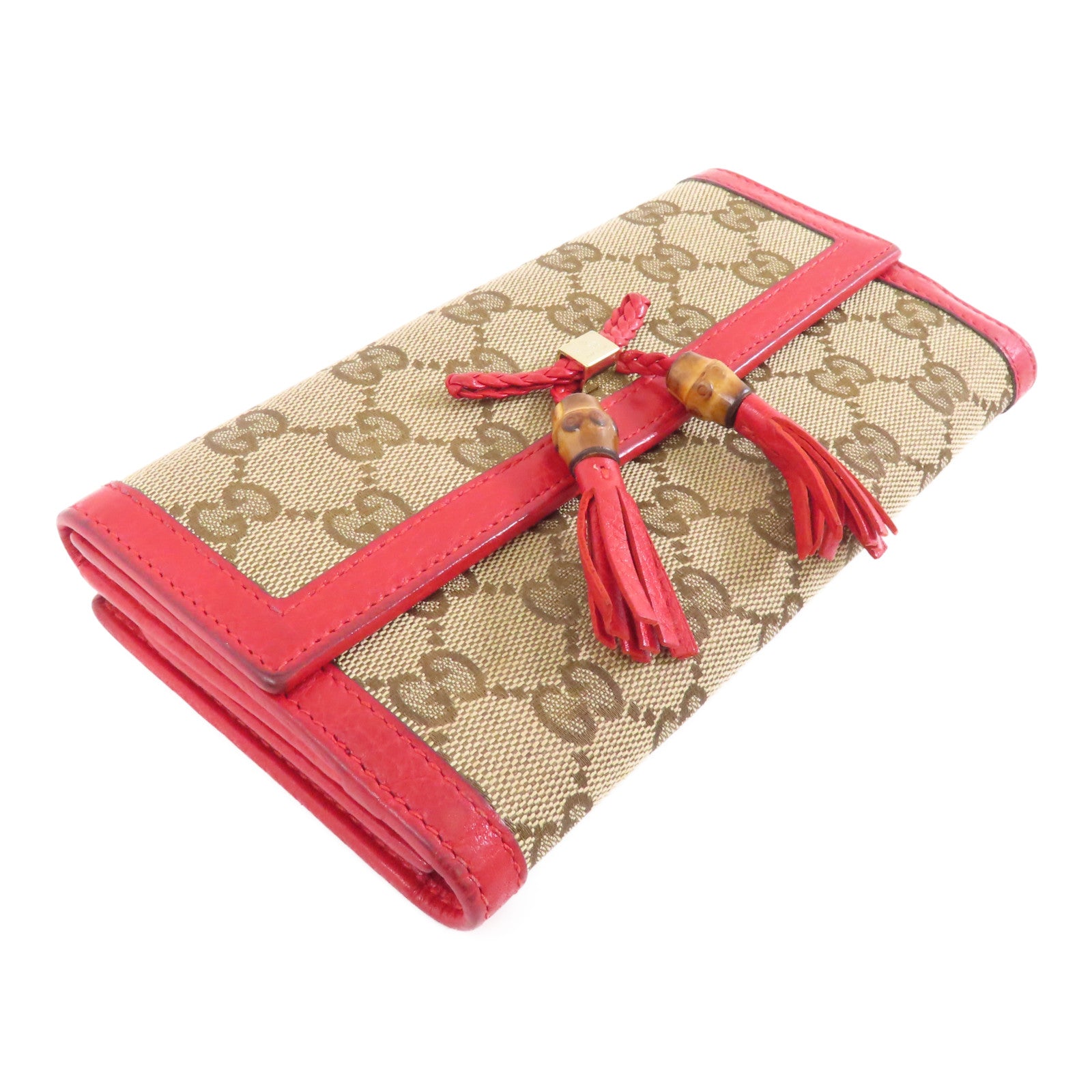 GUCCI 帆布Long Wallet金扣長錢包棕色/紅色