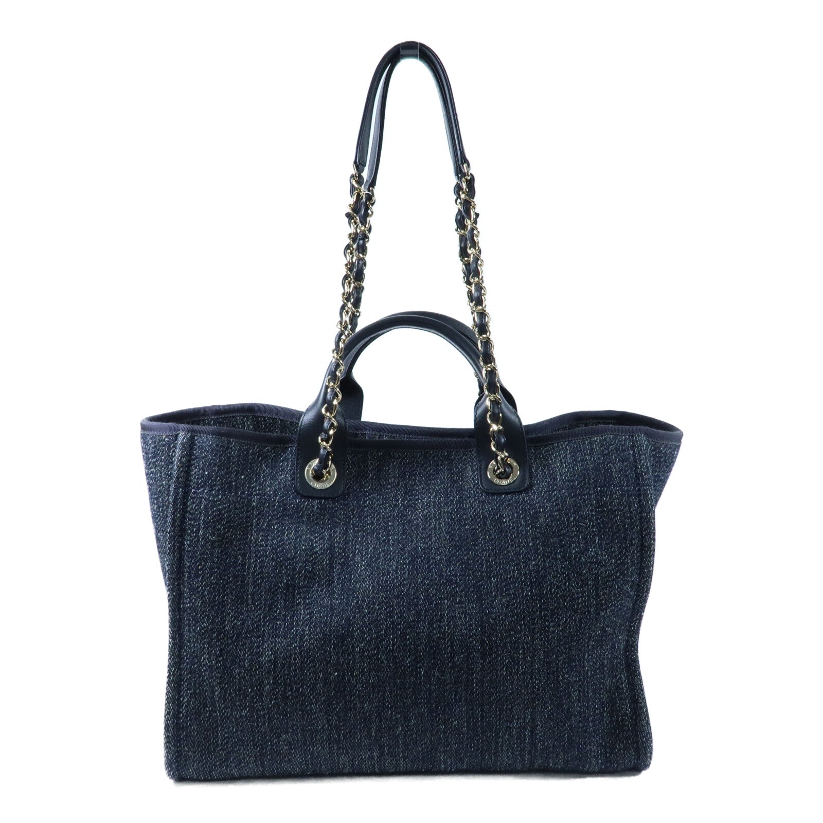 CHANEL 帆布Deauville Tote銀扣鏈帶手挽肩背兩用袋