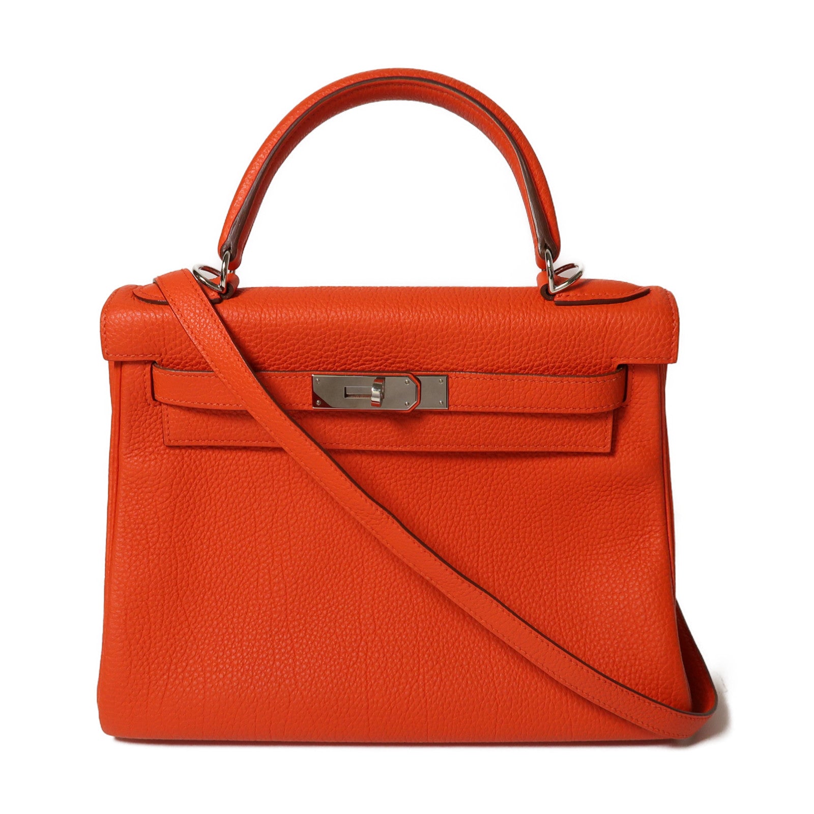 HERMES Togo皮革Kelly 28銀扣手挽肩背兩用袋Rouge Tomate紅色