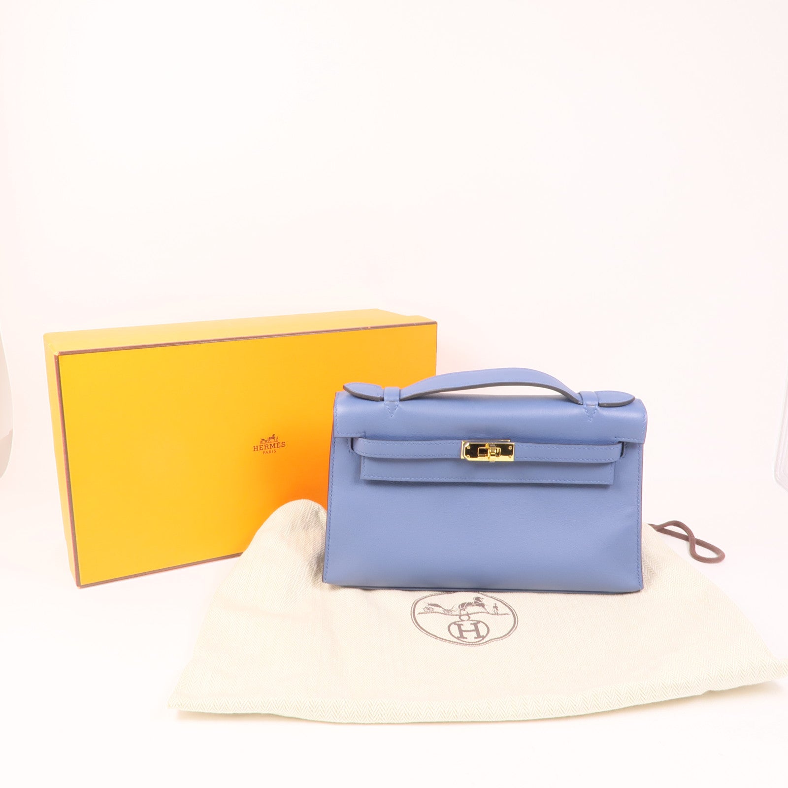 HERMES Swift皮革Pochette Kelly銀扣手挽袋R2 Bleu Agate