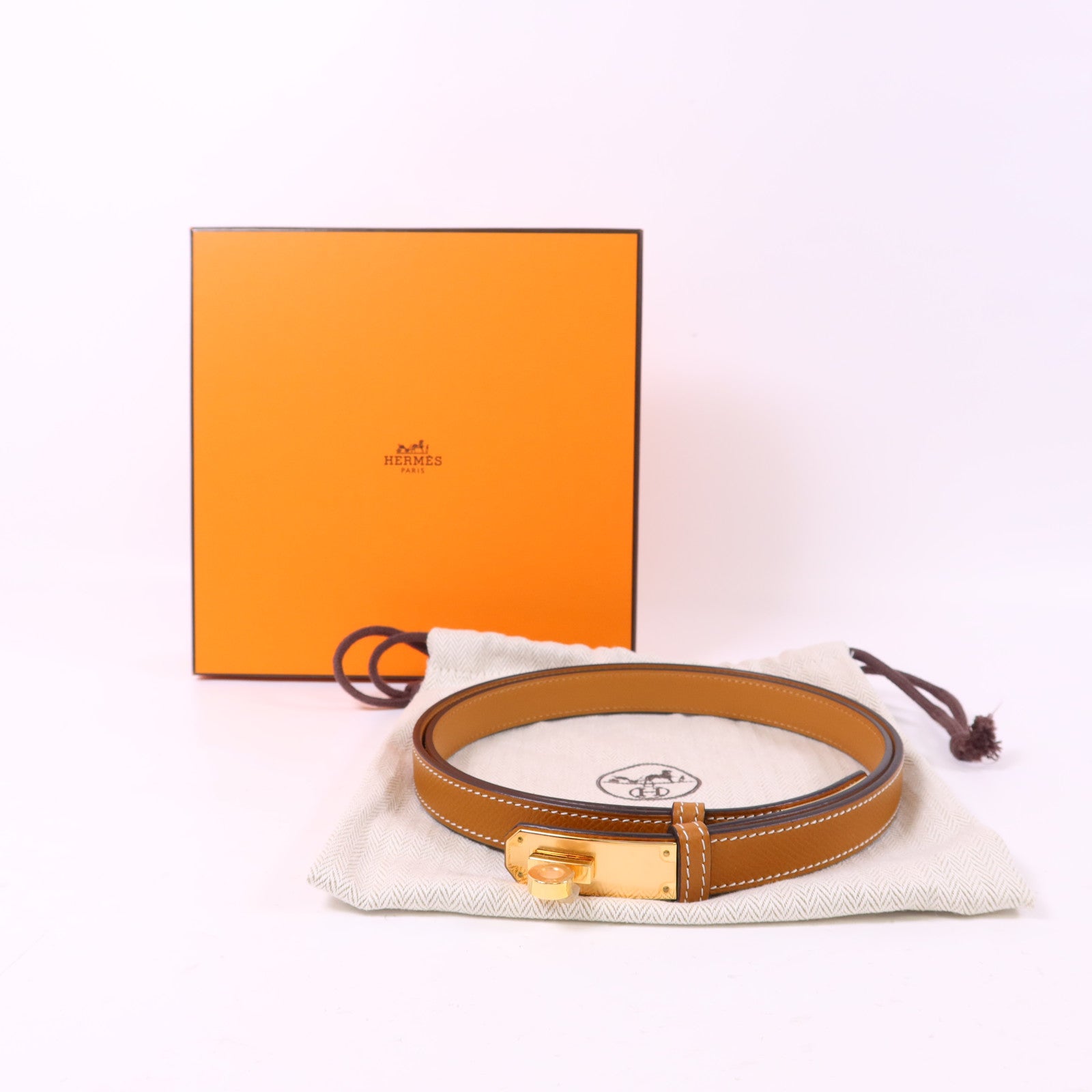 HERMES Epsom皮革Kelly 18 Belt金扣皮帶Gold
