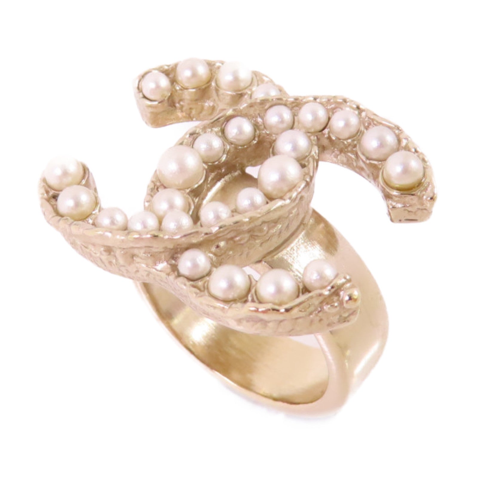 CHANEL 金屬/仿珍珠CC Ring戒指#6.25