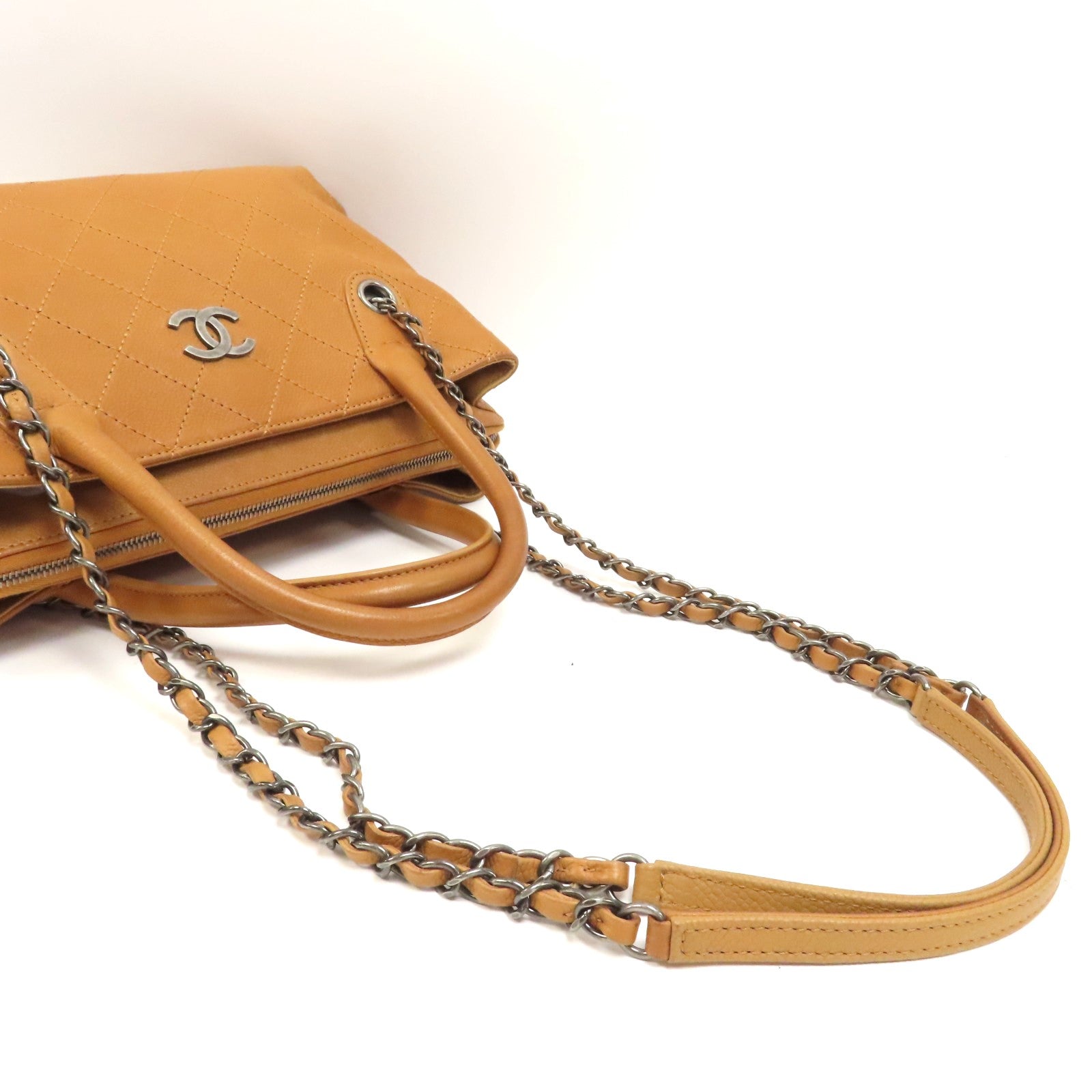 CHANEL 【激減優惠】菱格Caviar皮革Zip Shopping Tote銀扣手挽肩背兩用袋啡色