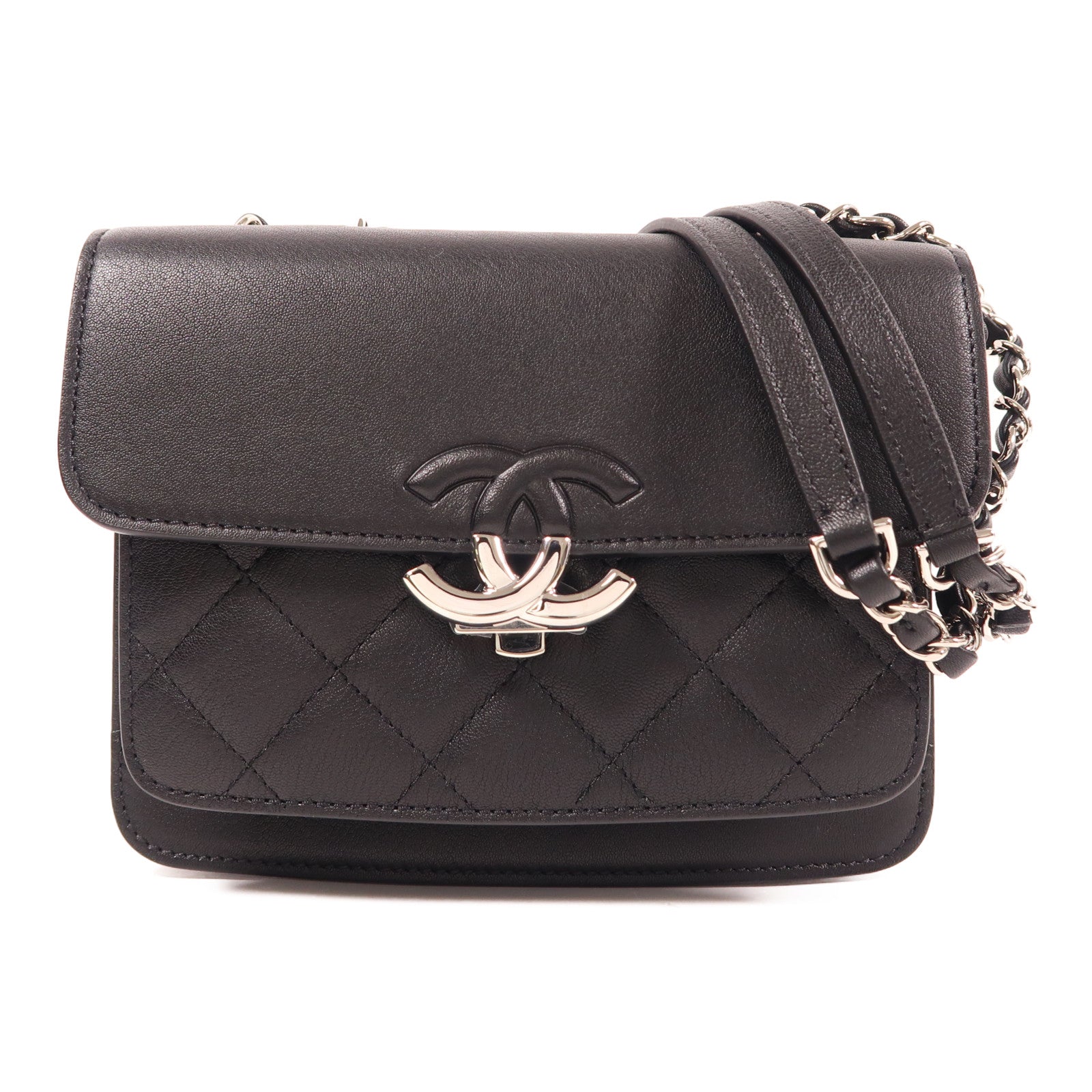 CHANEL 牛皮皮革Chain Shoulder銀扣鏈帶肩背袋