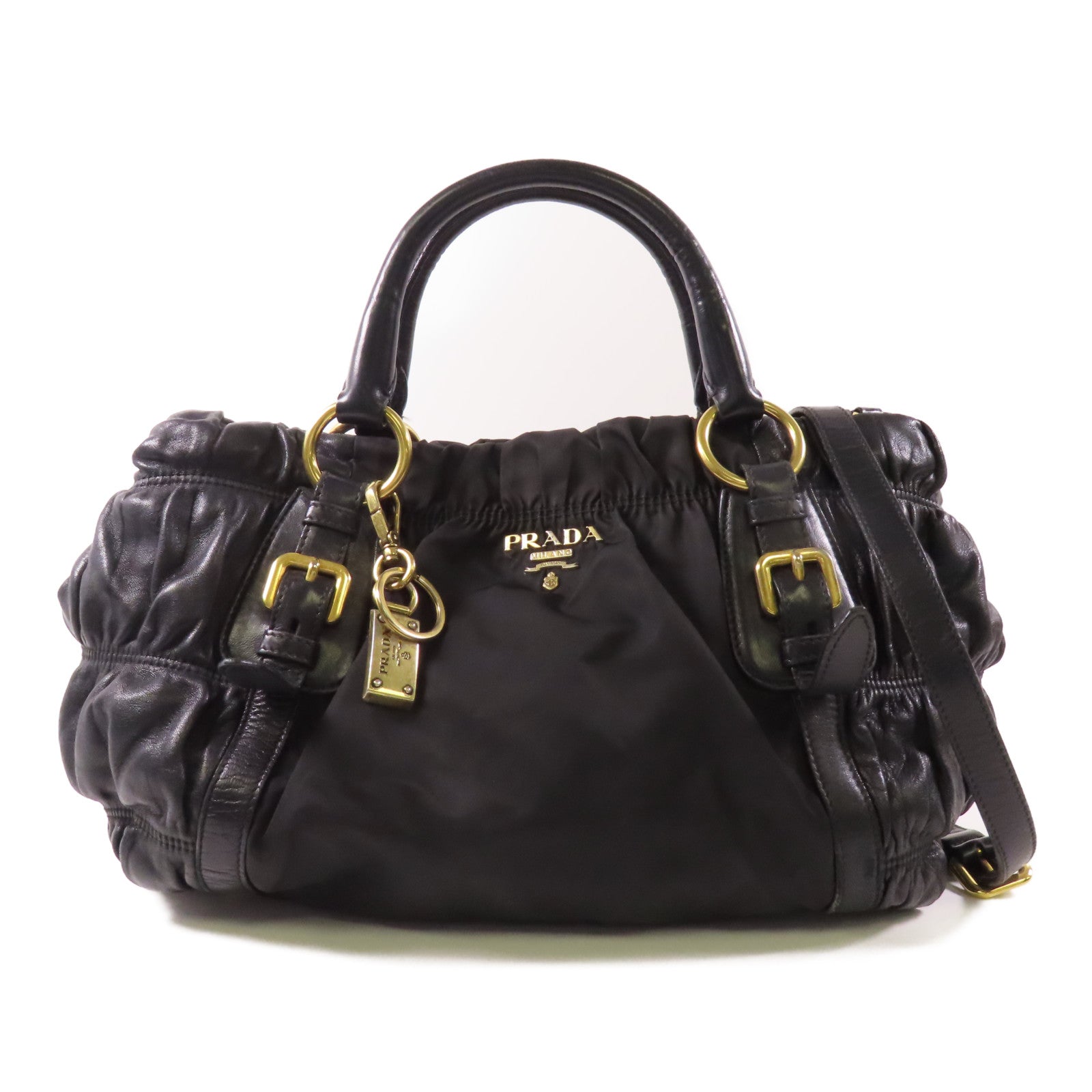 PRADA GHW 2 Way Shoulder Bag BN1791 Nylon/Lambskin Leather Black