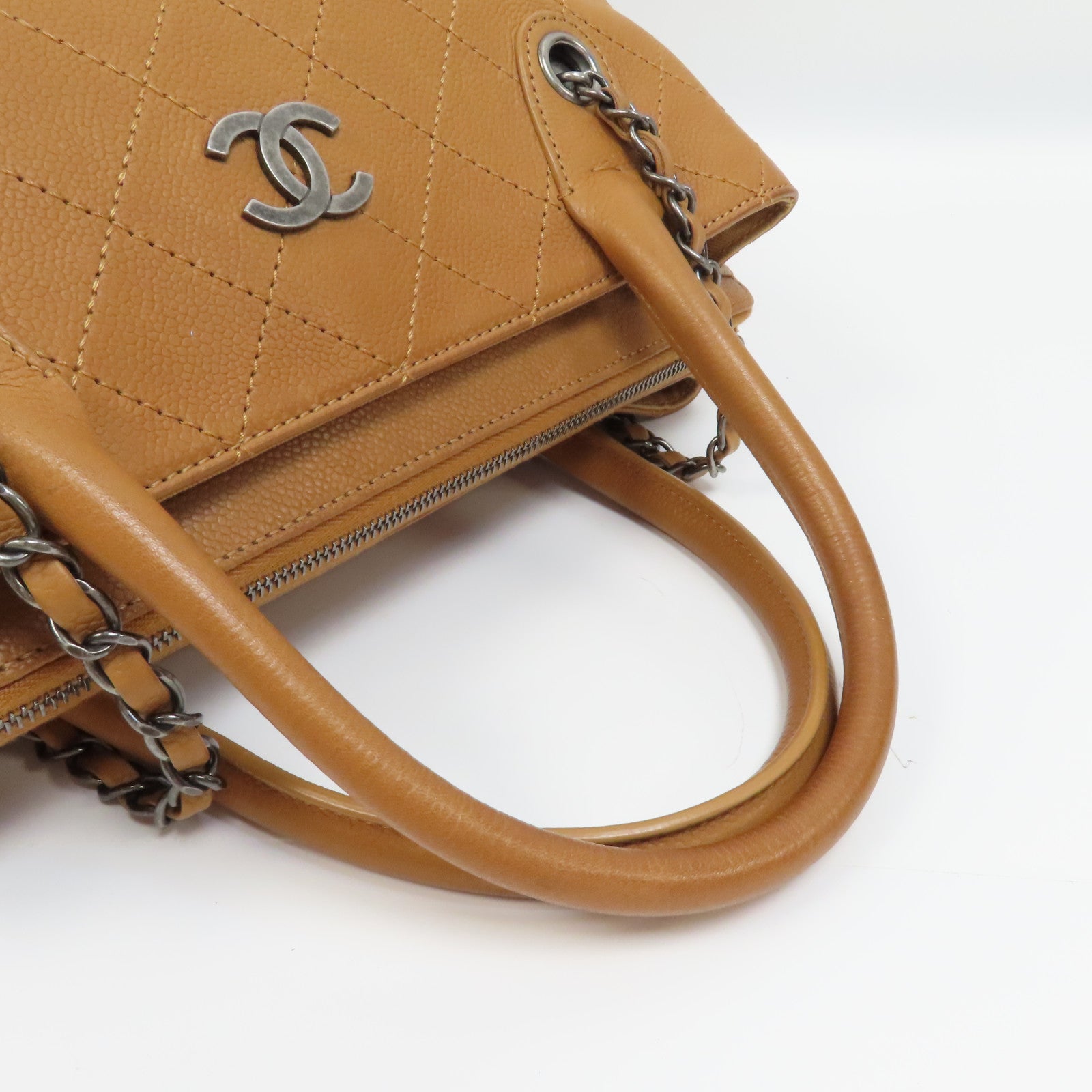 CHANEL 【激減優惠】菱格Caviar皮革Zip Shopping Tote銀扣手挽肩背兩用袋啡色
