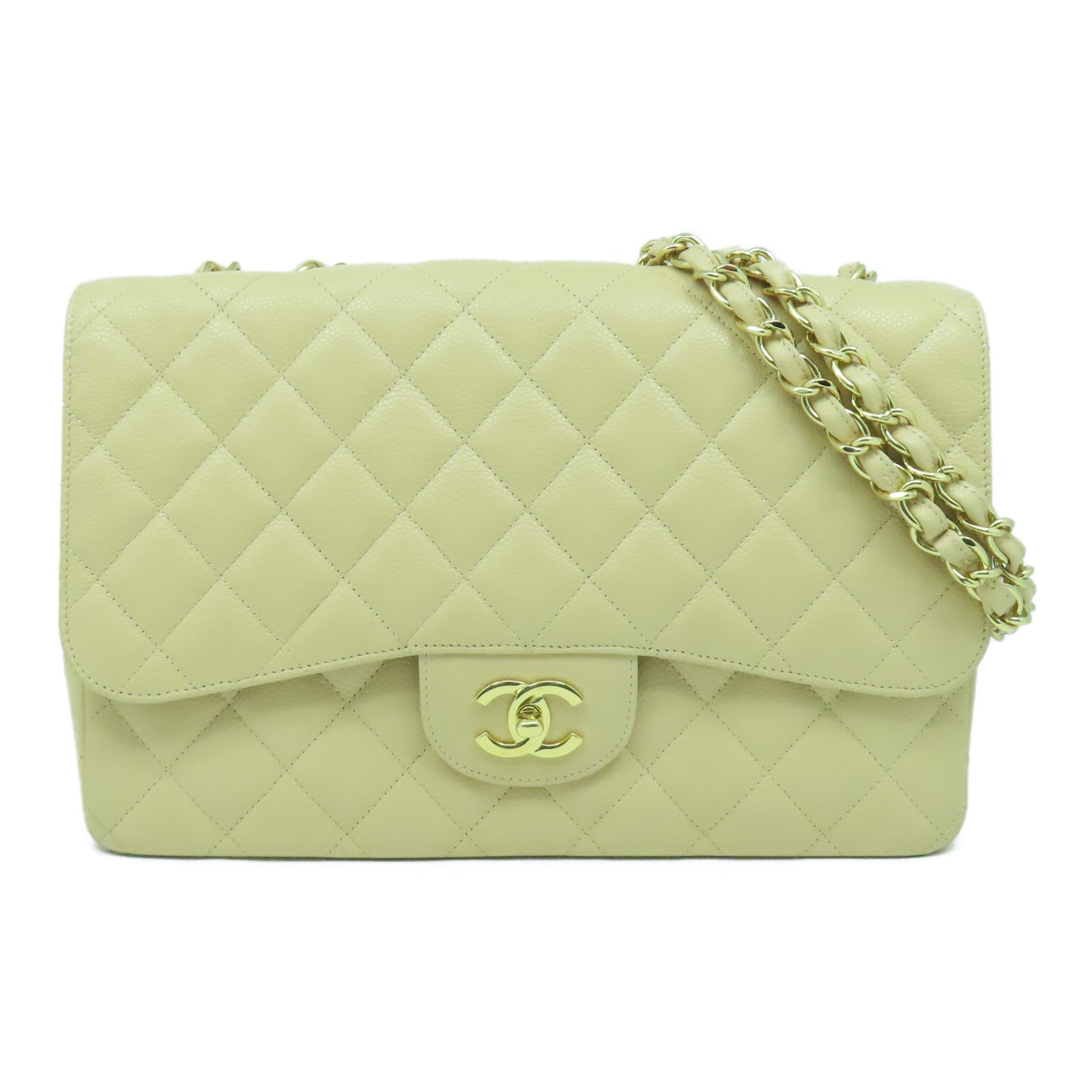 CHANEL 【清倉大減價】菱格Caviar皮革Jumbo金扣鏈帶肩背袋米色