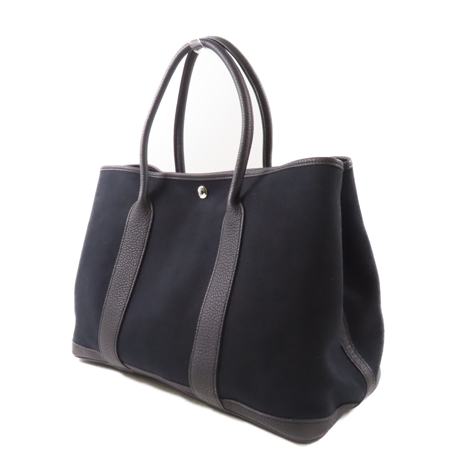 HERMES 帆布/皮革Garden Party PM銀扣手挽袋89 Noir/經典黑
