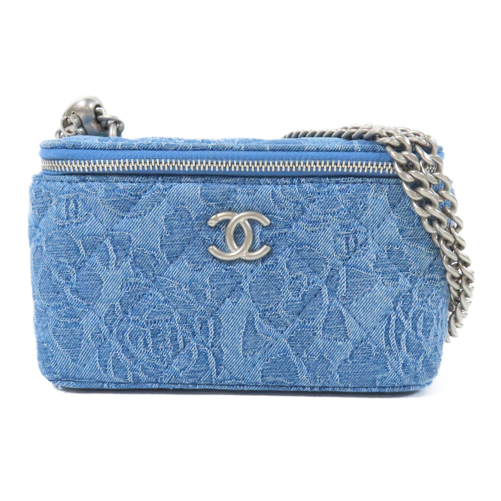 CHANEL 菱格牛仔布Vanity銀扣鏈帶肩背袋藍色