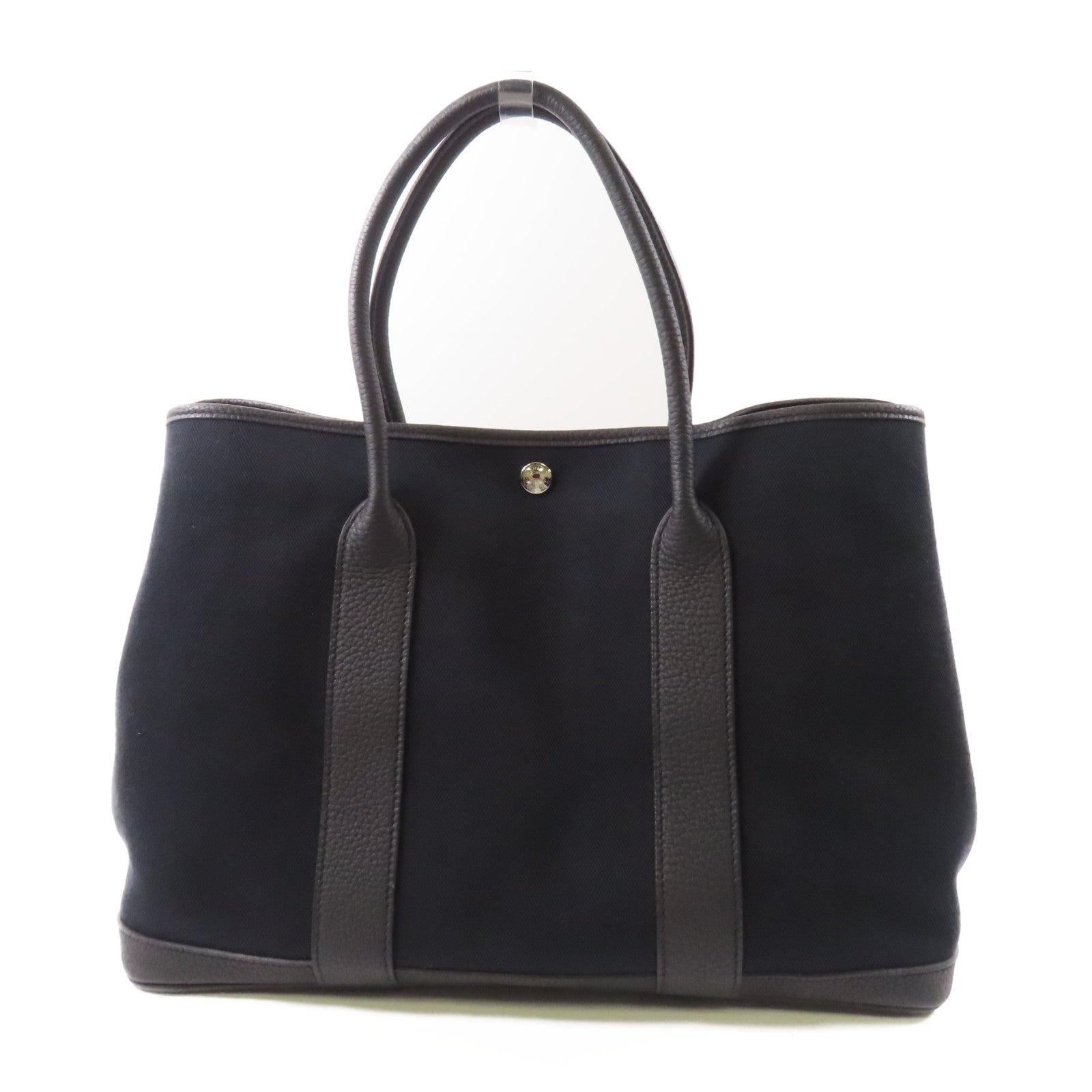 HERMES 帆布/皮革Garden Party PM銀扣手挽袋89 Noir/經典黑