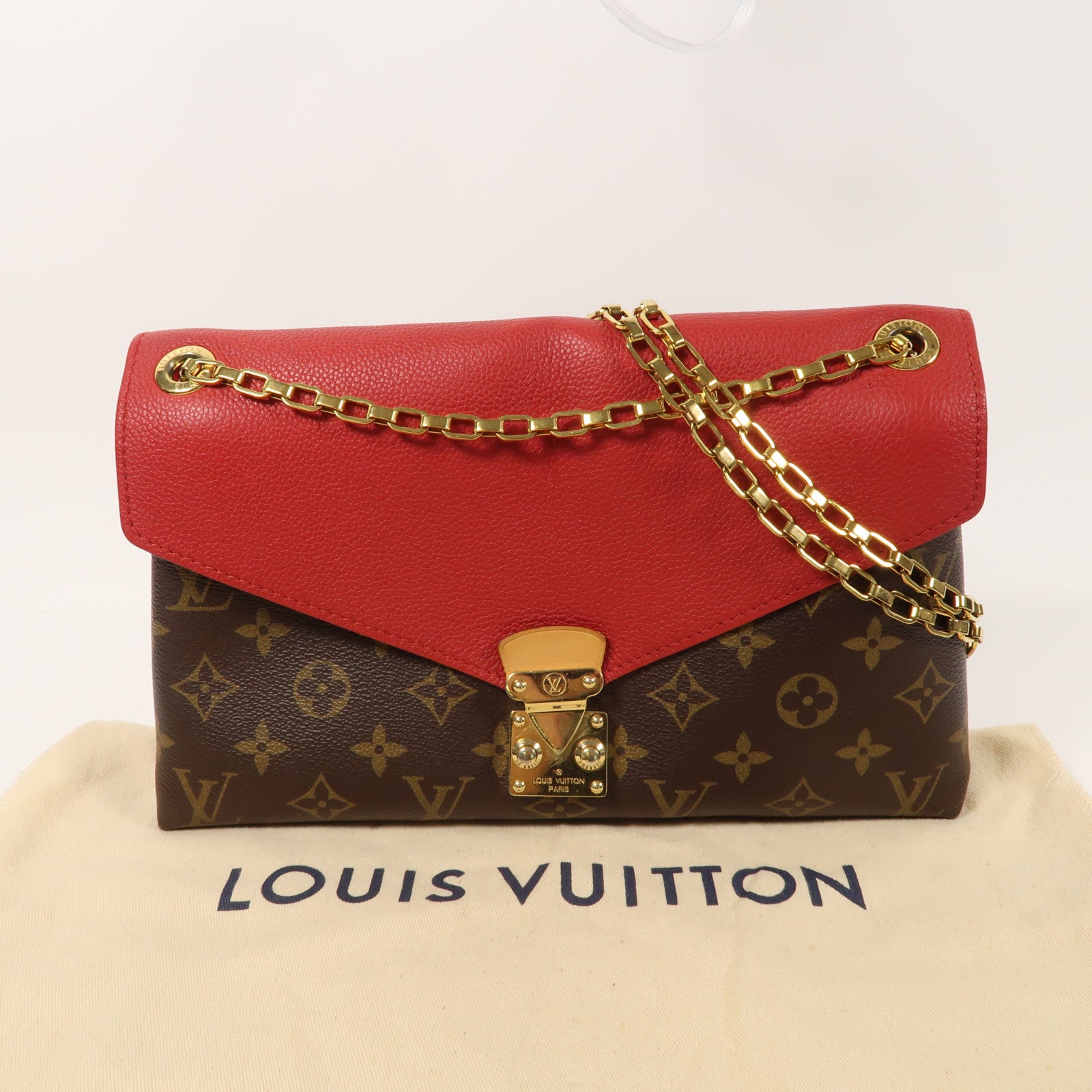 LOUIS VUITTON Monogram Pallas Chain金扣鏈帶肩背袋啡色/紅色