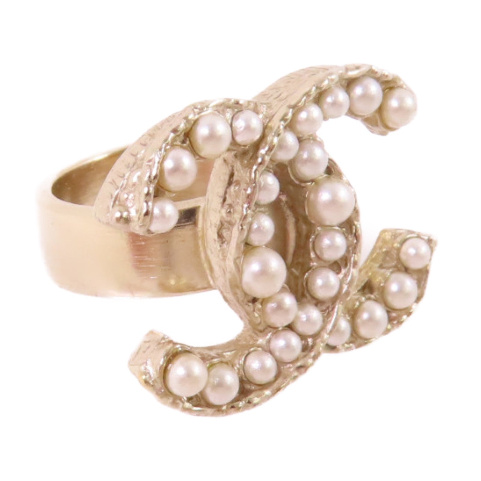 CHANEL 金屬/仿珍珠CC Ring戒指#6.25