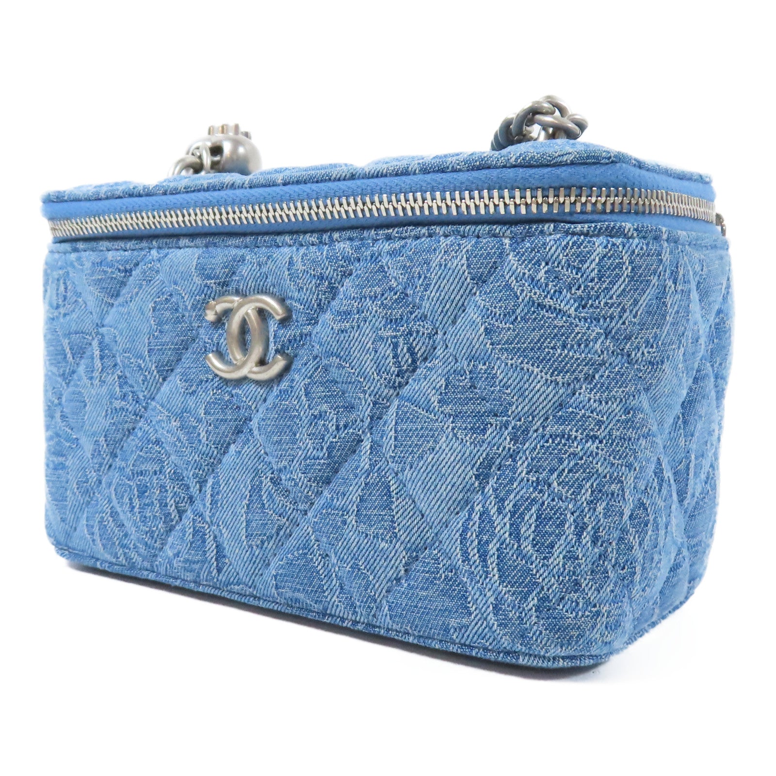 CHANEL 菱格牛仔布Vanity銀扣鏈帶肩背袋藍色
