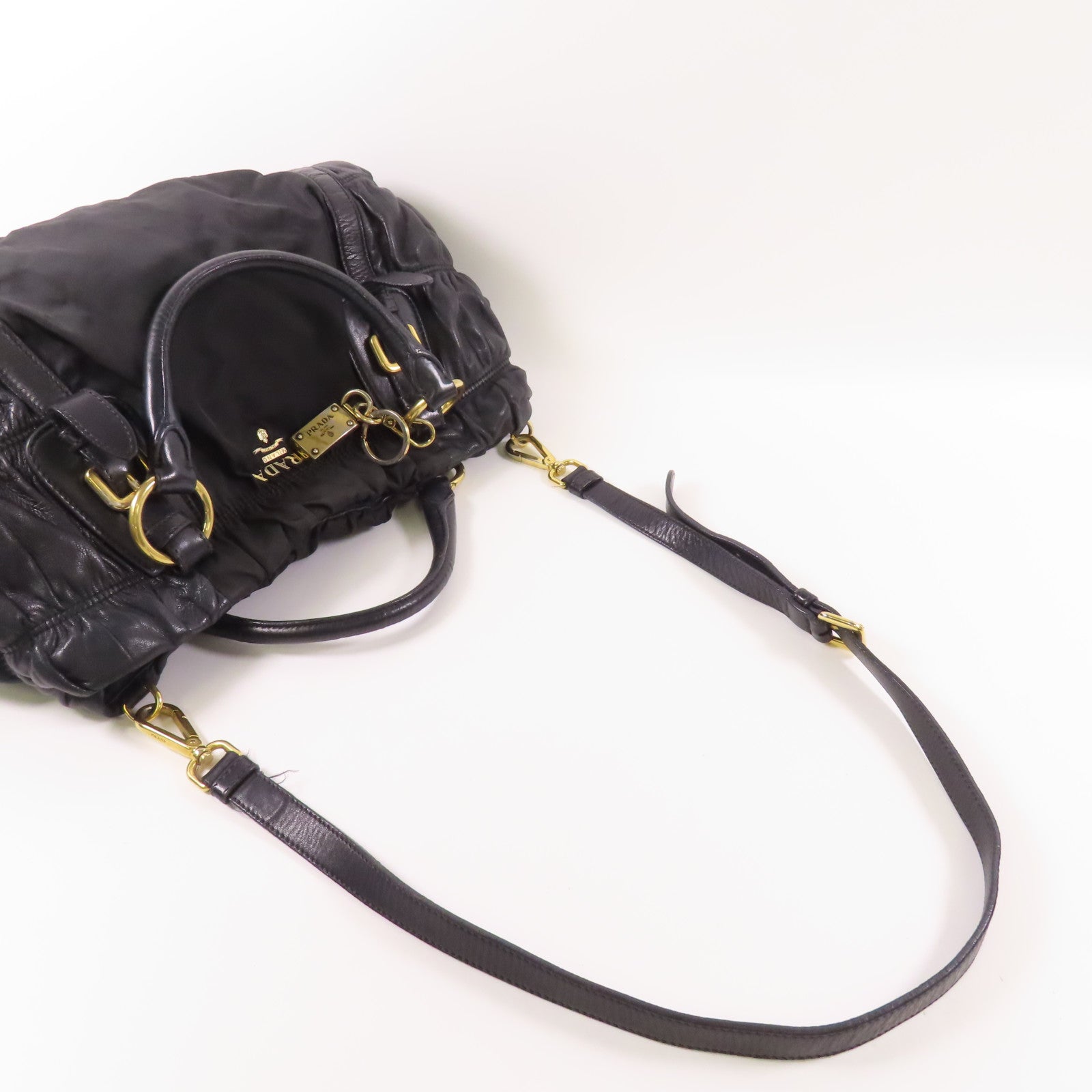 PRADA GHW 2 Way Shoulder Bag BN1791 Nylon/Lambskin Leather Black