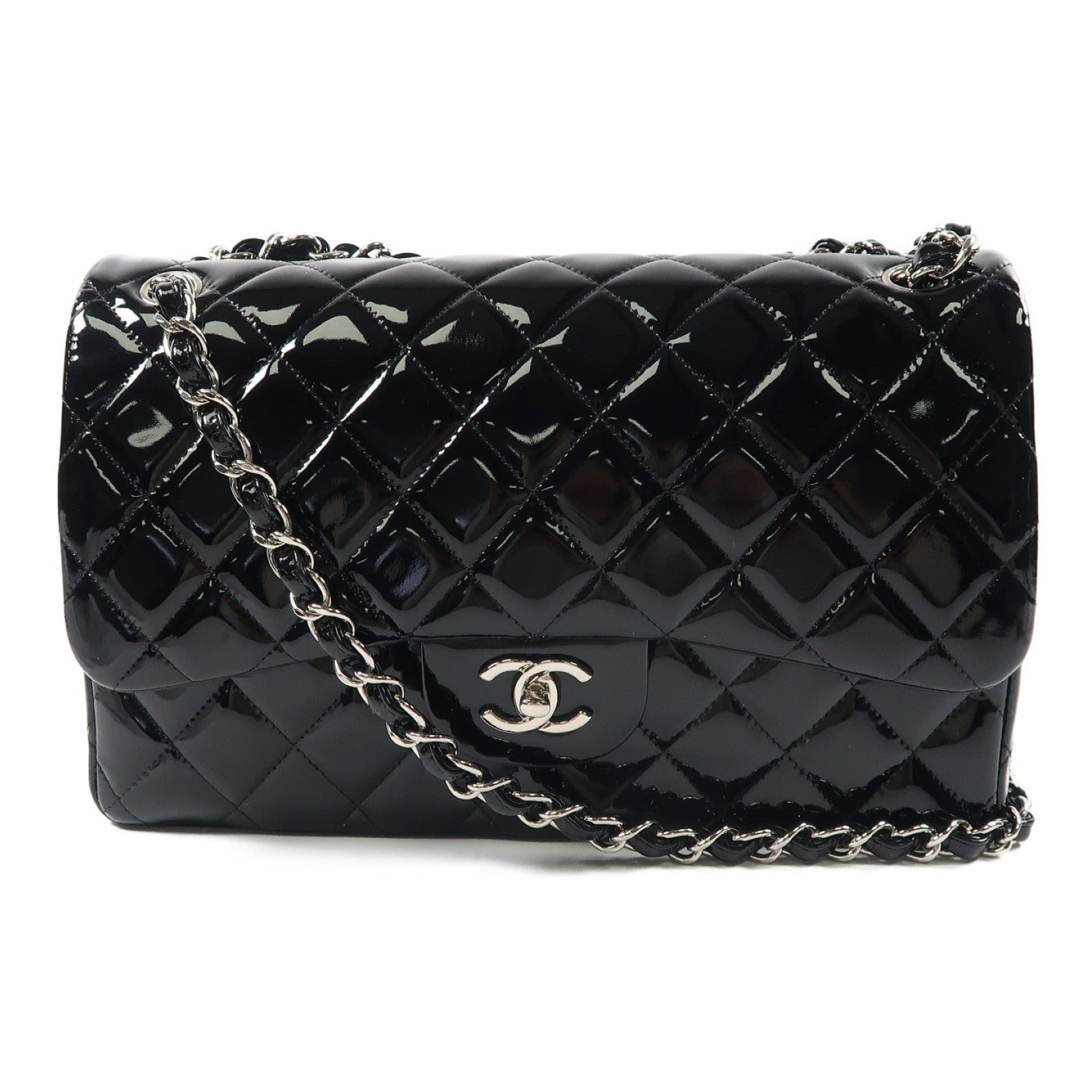 CHANEL 菱格漆皮皮革Classic Jumbo銀扣鏈帶肩背袋黑色