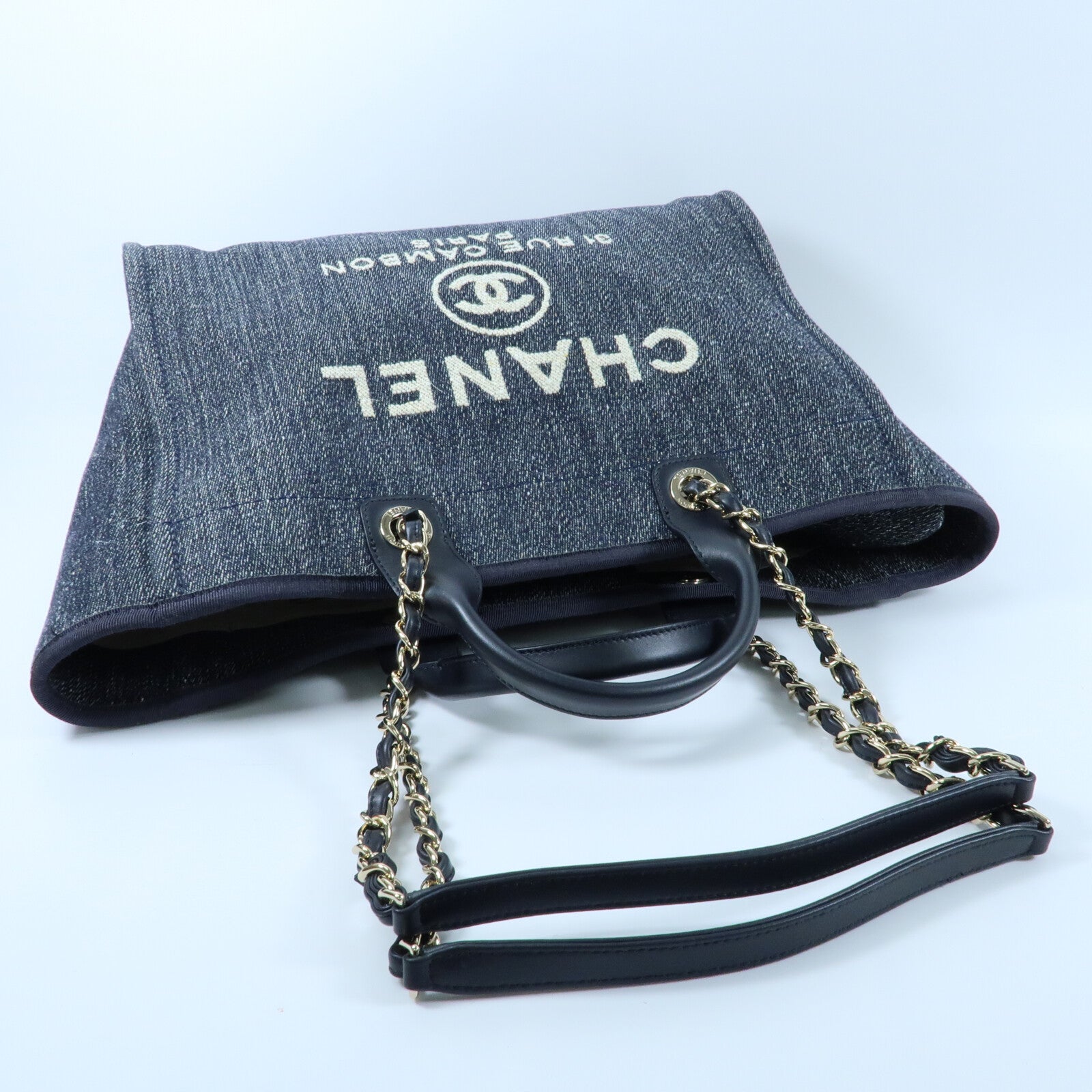 CHANEL 帆布Deauville Tote銀扣鏈帶手挽肩背兩用袋