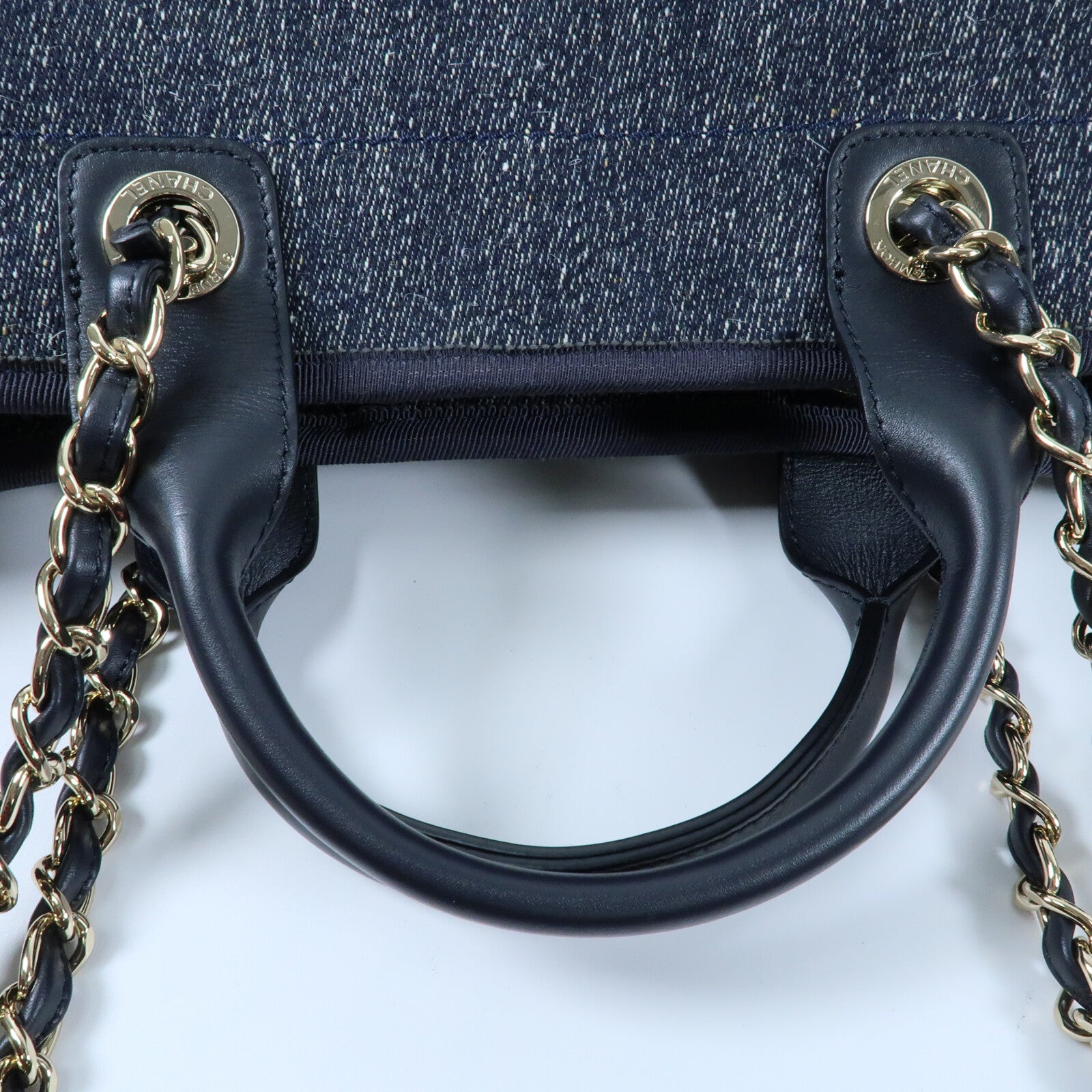 CHANEL 帆布Deauville Tote銀扣鏈帶手挽肩背兩用袋
