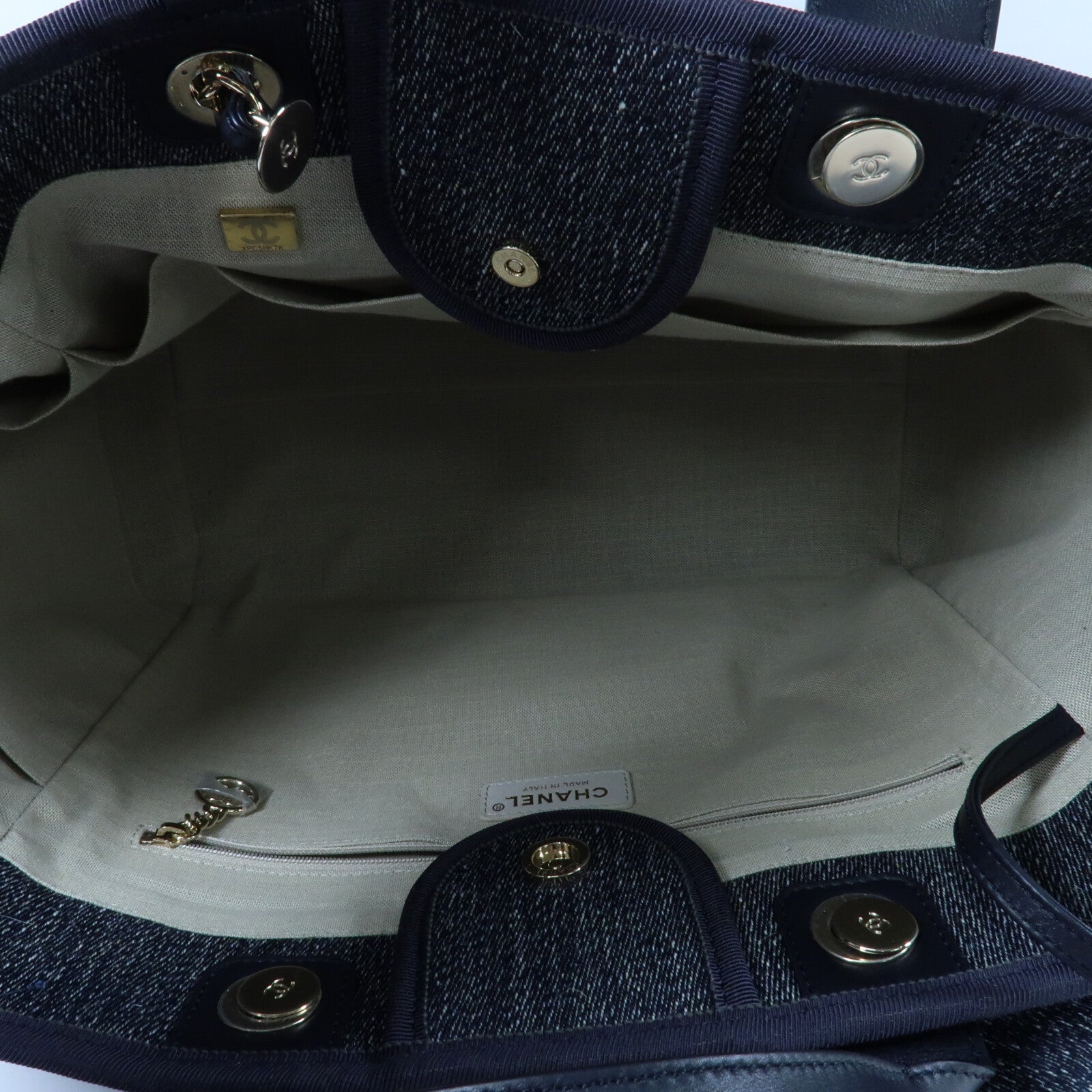 CHANEL 帆布Deauville Tote銀扣鏈帶手挽肩背兩用袋