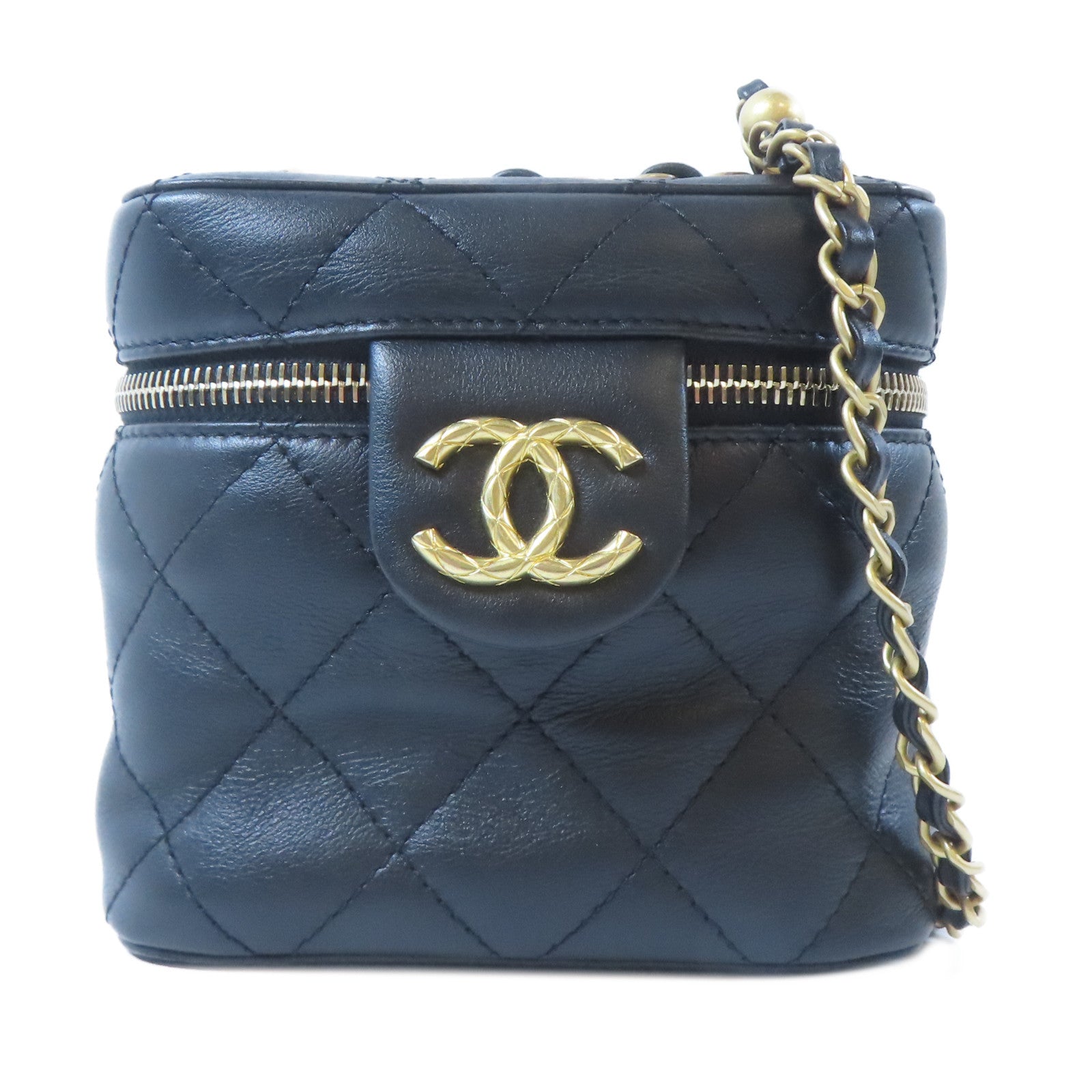 CHANEL 【激減優惠】菱格牛皮皮革Vanity Case金扣手挽肩背兩用袋黑色