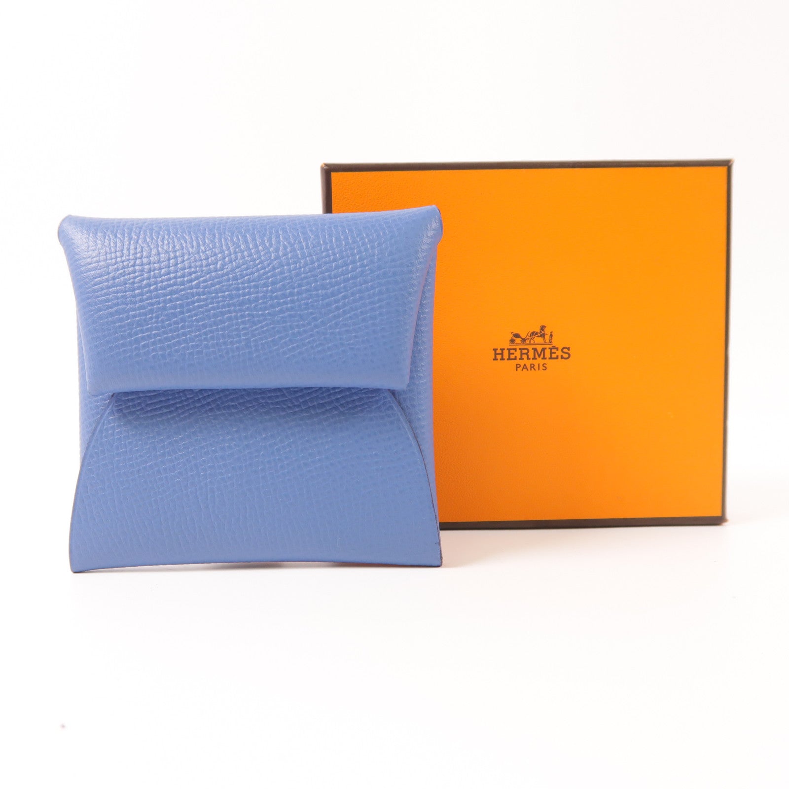 HERMES Epsom皮革Bastia銀扣零錢包7R Bleu Azur