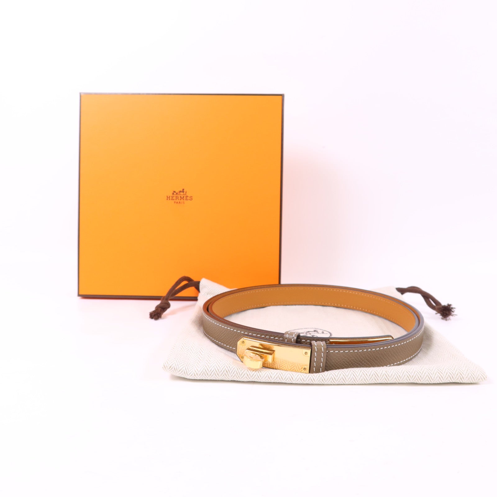 HERMES Epsom皮革Kelly 18 Belt金扣皮帶Etoupe