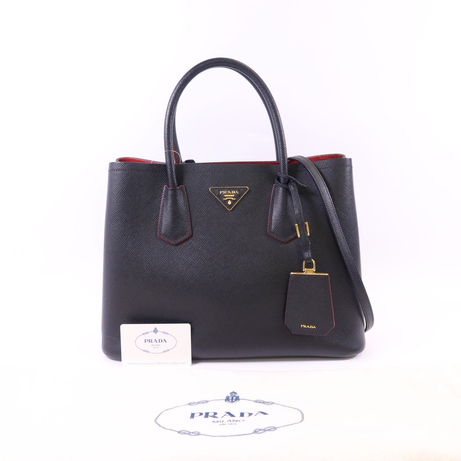 PRADA 牛皮皮革Double Saffiano金扣手挽肩背兩用袋