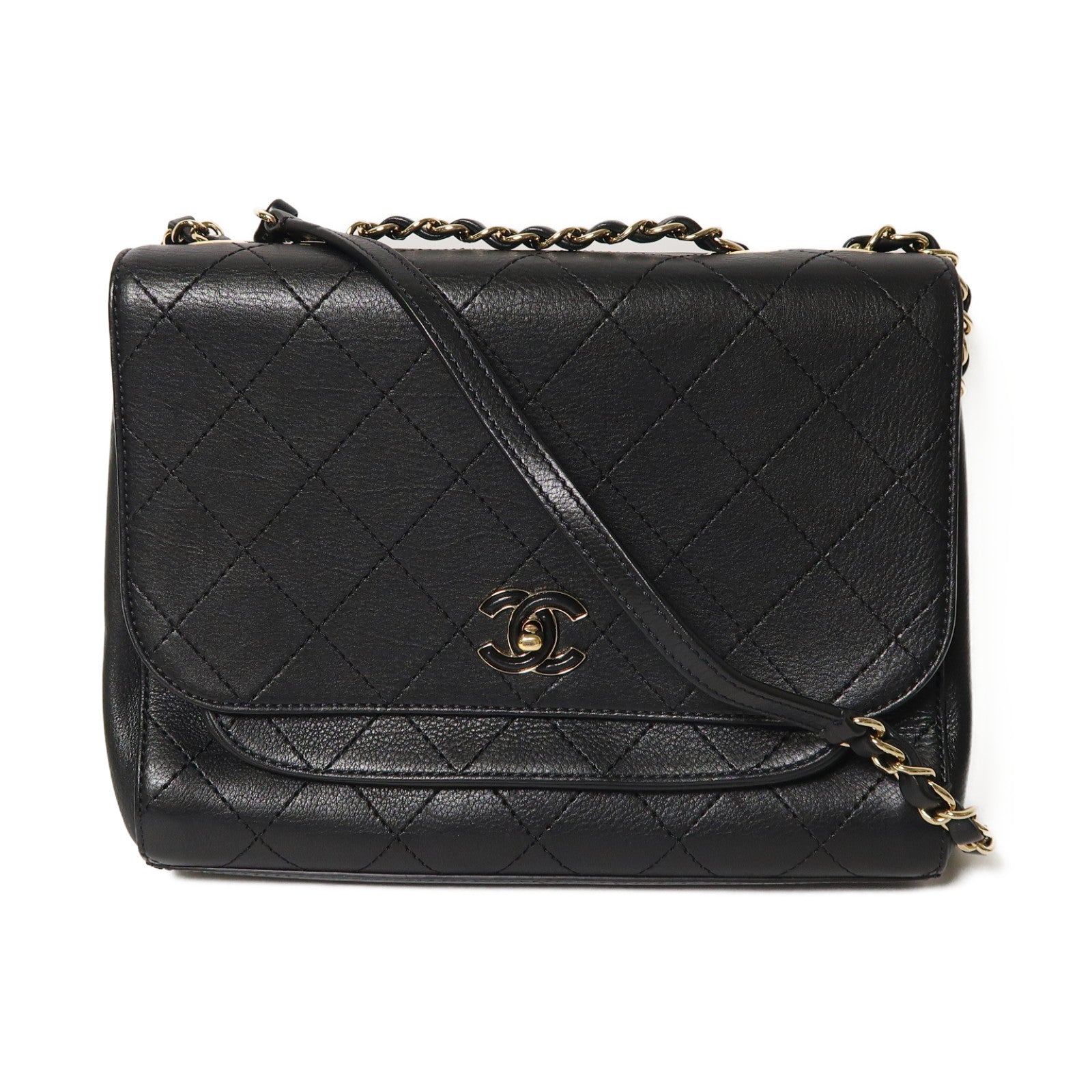 CHANEL 牛皮皮革Shoulder Bag金扣鏈帶肩背袋黑色