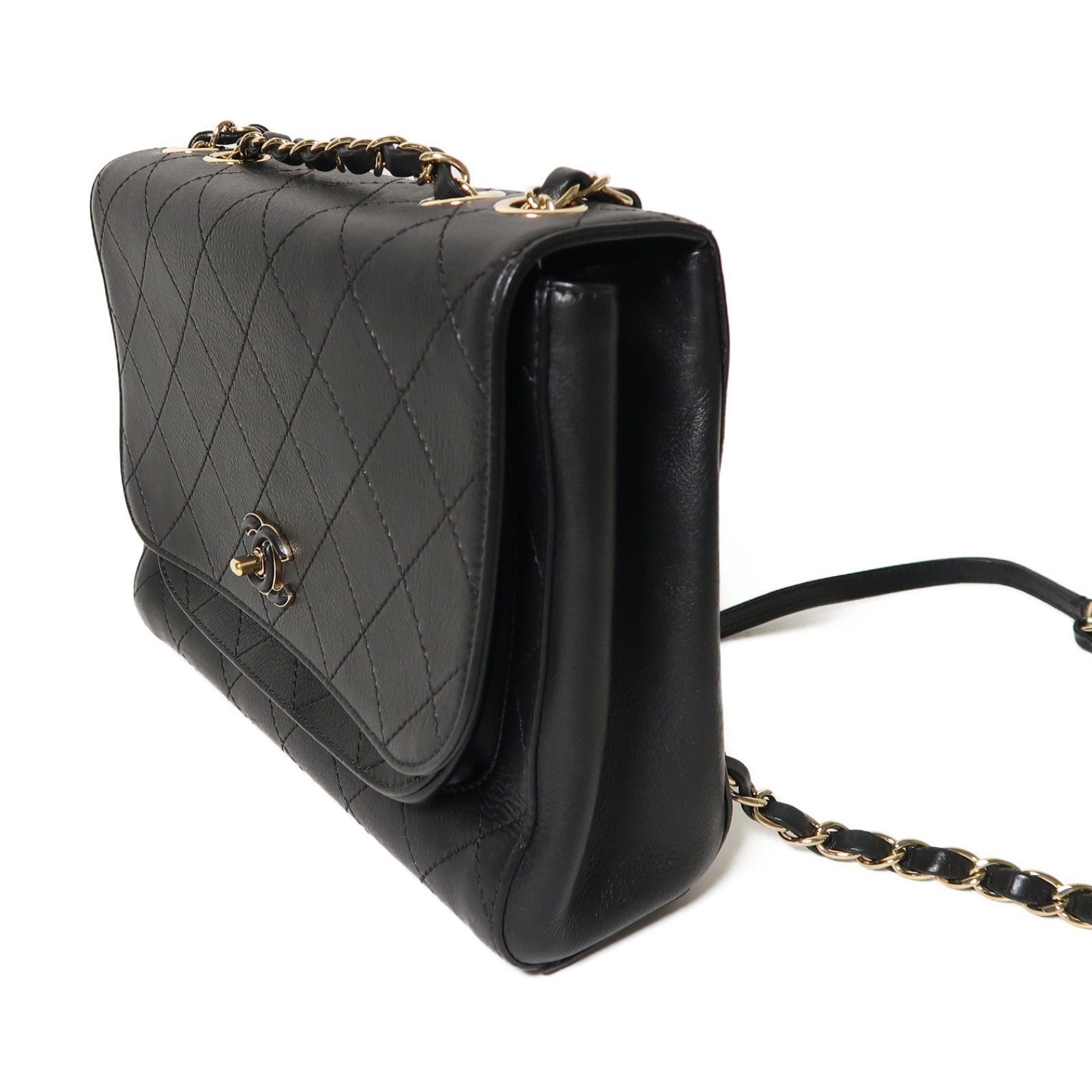CHANEL 牛皮皮革Shoulder Bag金扣鏈帶肩背袋黑色