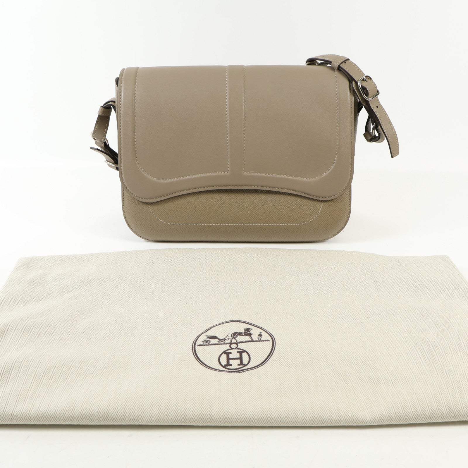 HERMES Epsom/Swift皮革Harnais銀扣肩背袋Etoupe