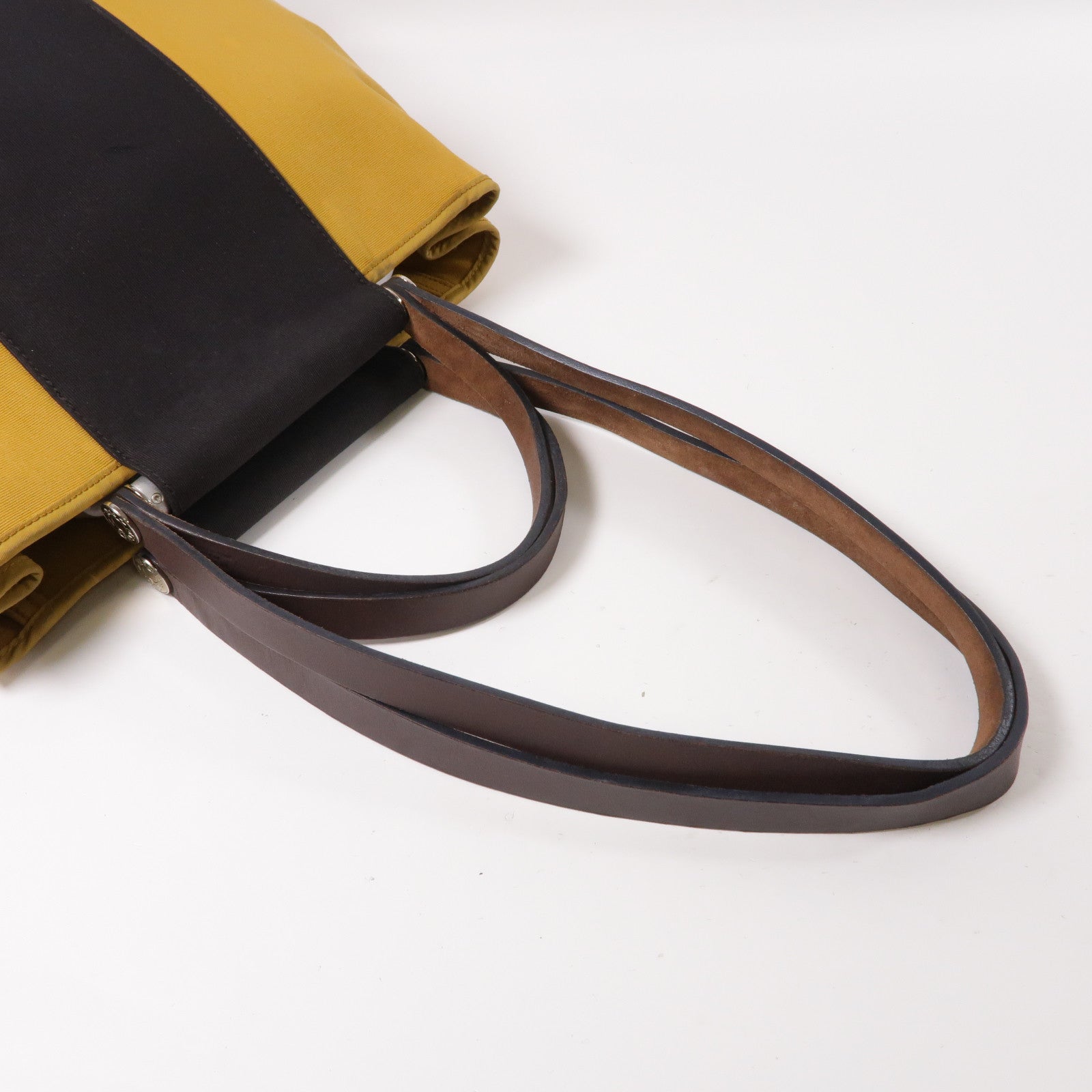 HERMES Toile H帆布Cabag銀扣手挽肩背兩用袋黑色/黃色