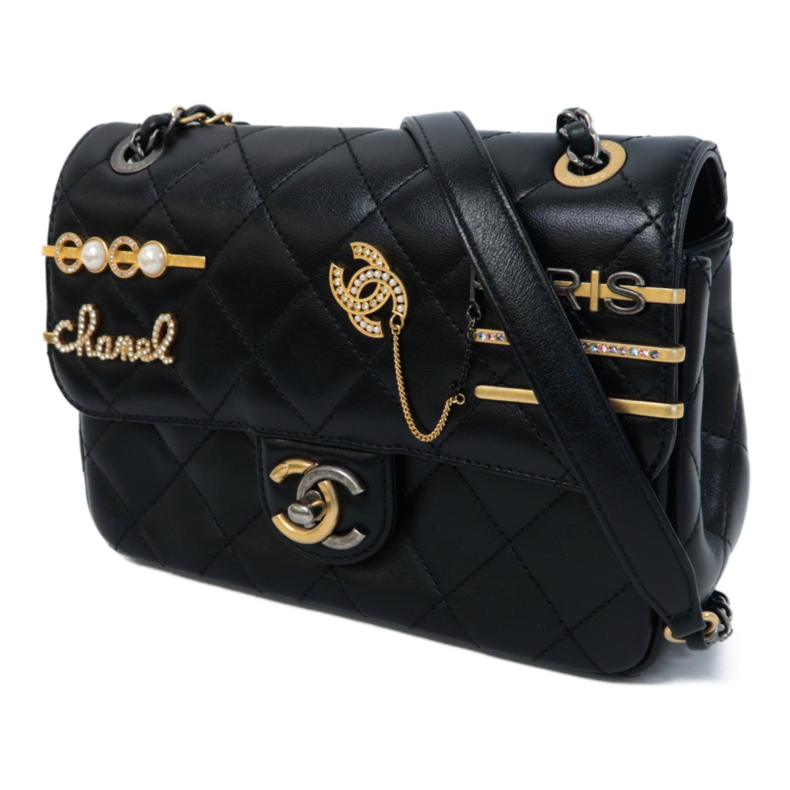 CHANEL 【激減優惠】菱格牛皮皮革Pearl Hairpin Badge Bag鏈帶肩背袋黑色