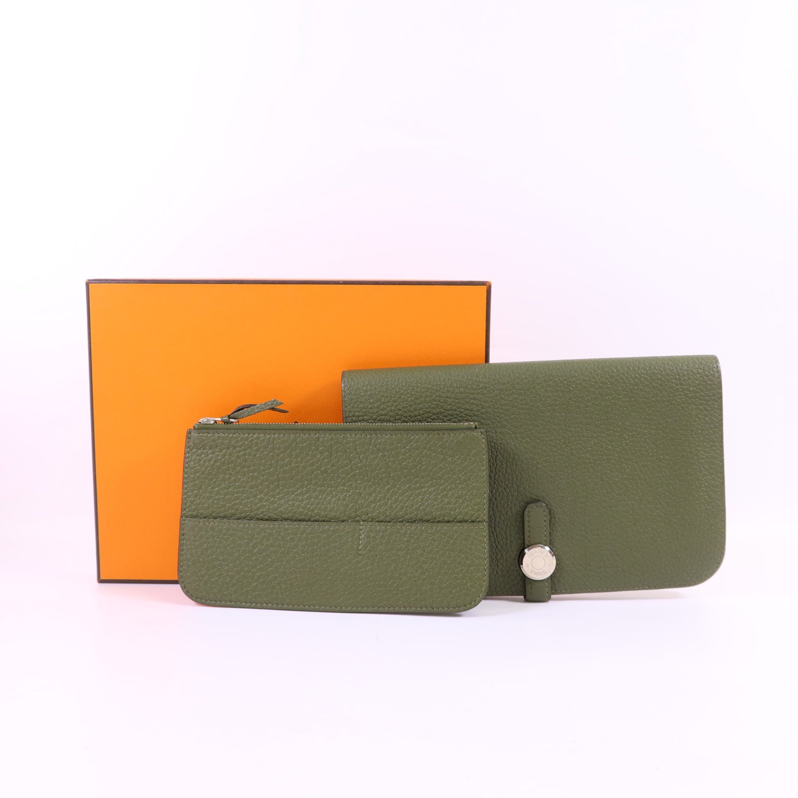 HERMES Togo皮革Dogon GM銀扣長錢包Vert Olive