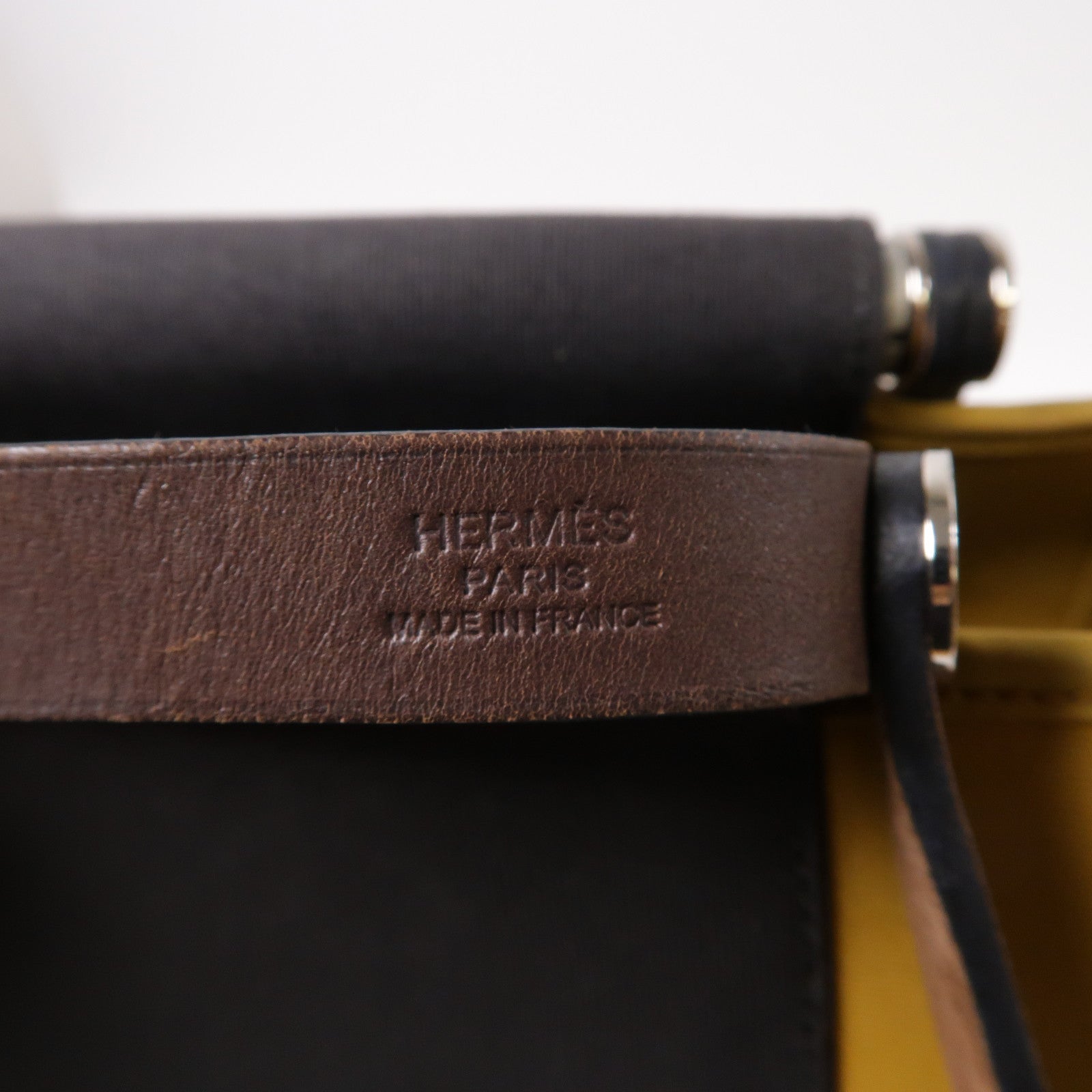 HERMES Toile H帆布Cabag銀扣手挽肩背兩用袋黑色/黃色
